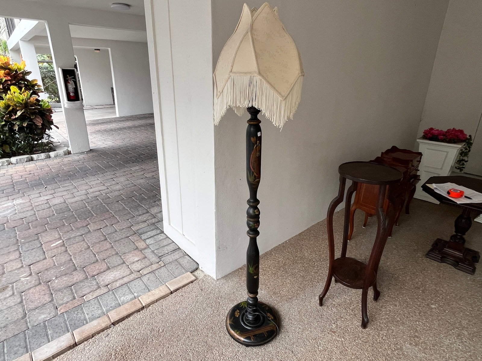 Japanese Black Lacquer Hand-Painted Floor Lamp, Garden Landscape, 67"h Decoration, c. 1930?1940: Japanese export floor lamp featuring a turned wood standard with a black lacquer finish and finely hand-painted floral decoration in gold, red, green, and cream. The circular base is decorated with a 