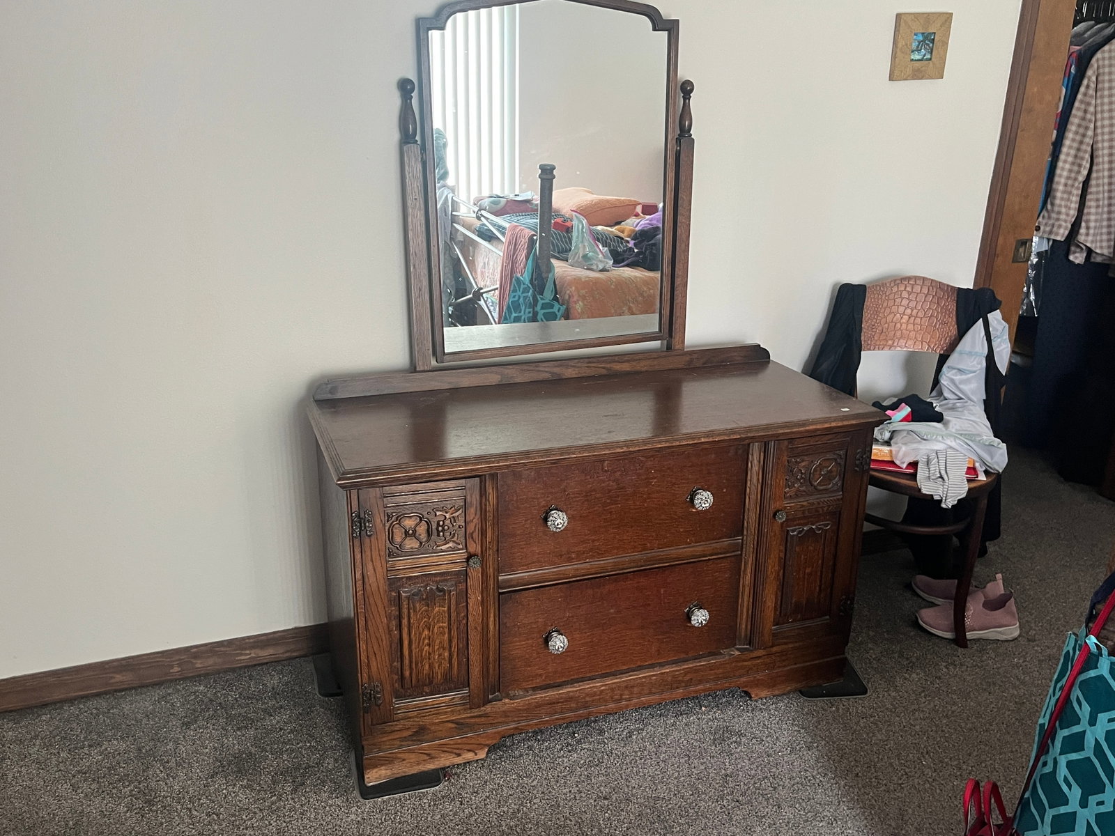 Antique Jacobean Revival Oak Dresser with Mirror, Dresser 27"H x 46"W x 19"D, Mirror 33" x 27" (1 of 4)