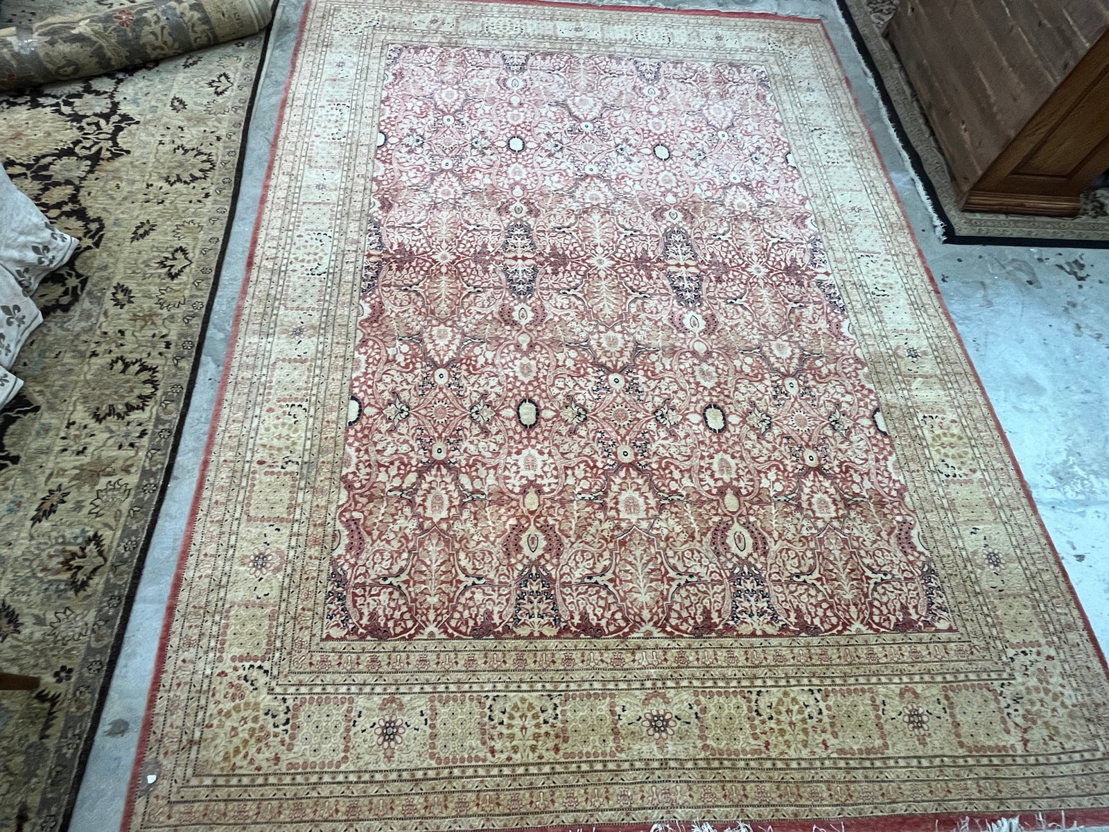 Vintage Coral & Beige Hand-Knotted Wool Rug, 9' x12'3": Finely hand-knotted wool rug featuring an intricate all over floral lattice design in coral, beige, and ivory tones with subtle accents of black and tan. The central field displays repeating palmette 