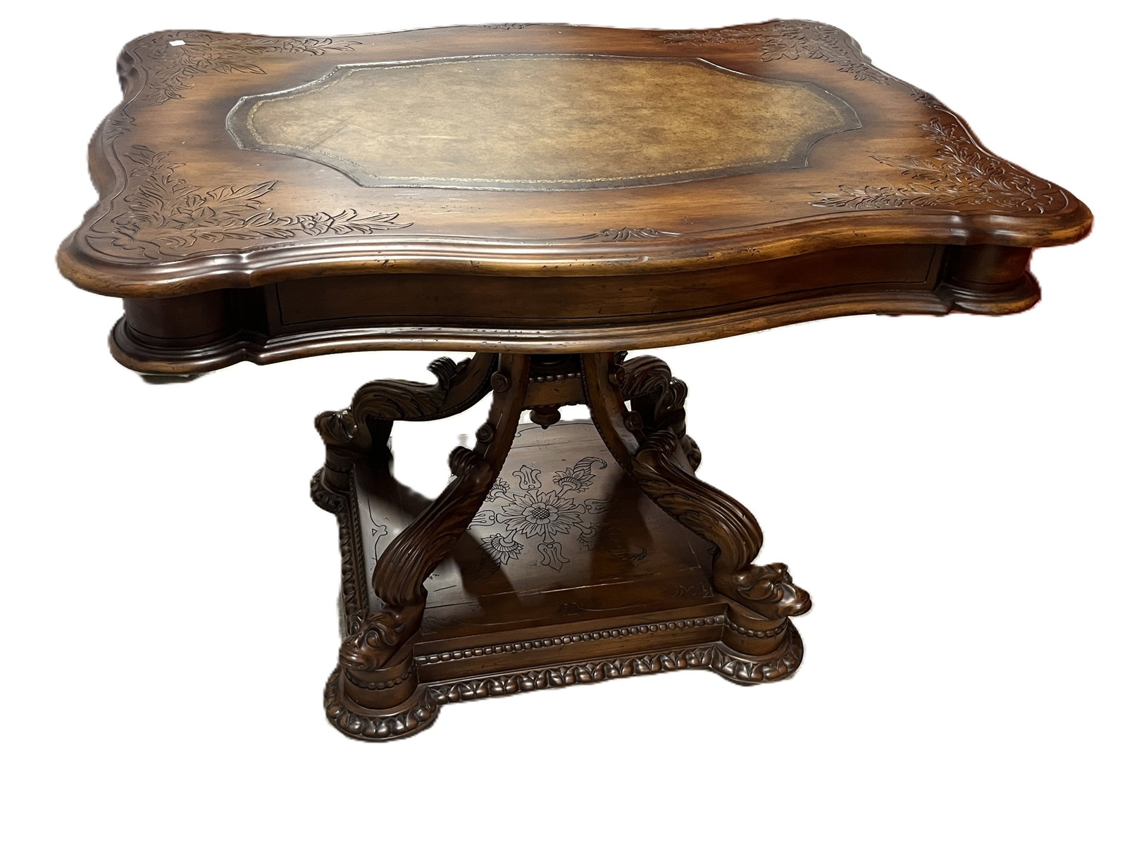 Century Furniture "Amoretta" Carved Walnut & Leather Top Cocktail Table, 49.5 x 32 x 22 in. (1 of 8)