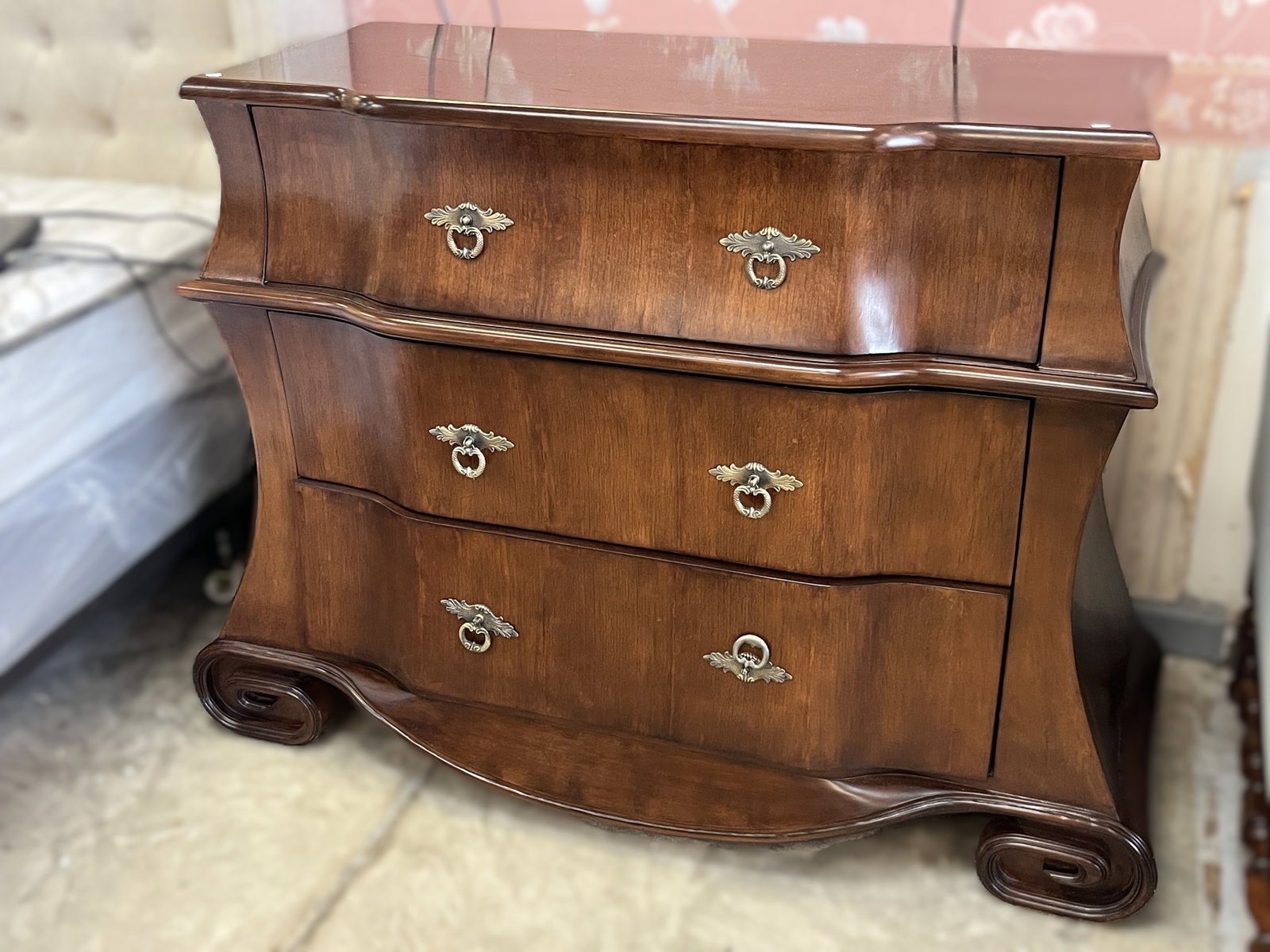 Mahogany Bombe Form Three-Drawer Chest/Nightstand.36Hx 48W x3D (1 of 4)