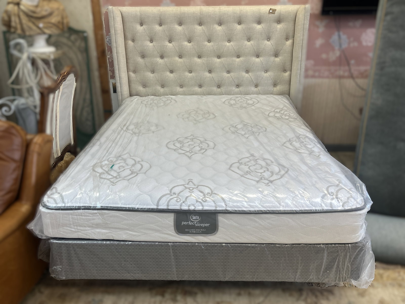 Estate Queen Upholstered Tufted Wingback Headboard Approx. 80" W ? 10" D ? 60" H (1 of 3)