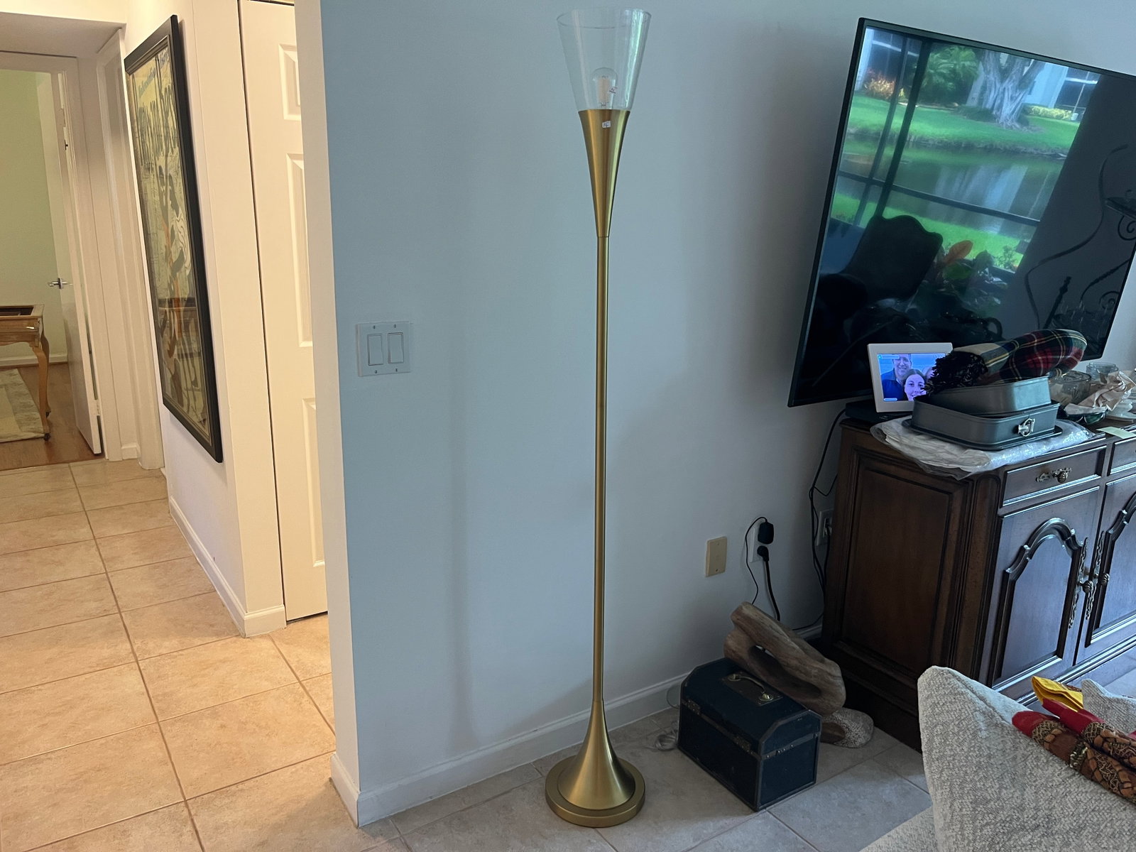 Contemporary Brass Torchiere Floor Lamp with Flared Glass Shade, 72"H (1 of 1)