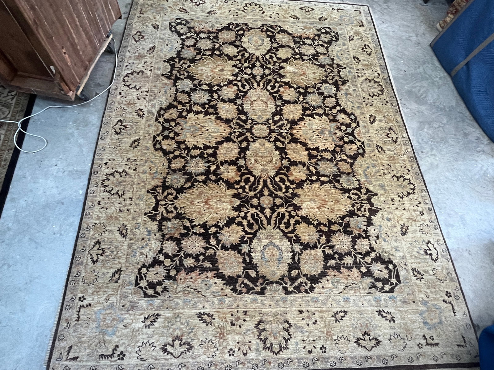 Vintage Dark Brown & Beige Hand-Knotted Wool Area Rug 12'2"x 8'11": Finely hand?knotted wool rug featuring a dark brown central field with an intricate all?over floral lattice pattern in beige, tan, ivory, and pale blue tones. The design is framed by a wide beige bord