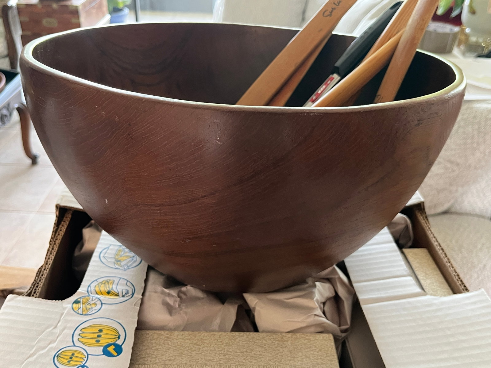 Large Mid-Century Teak Salad Bowl with Assorted Kitchen Utensils (Sold as One Lot) (1 of 4)
