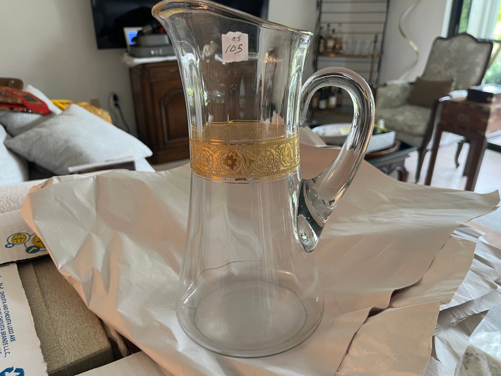 Vintage Crystal Water Pitcher with 22K Gold Band (11"H)