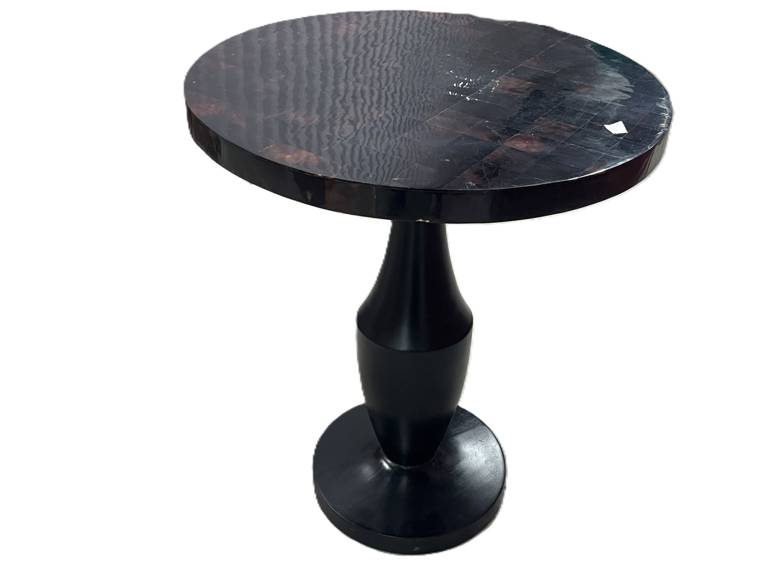 Contemporary Black Pedestal Side Table with Faux Tortoiseshell Inlay Top 24h x 20dia (1 of 4)