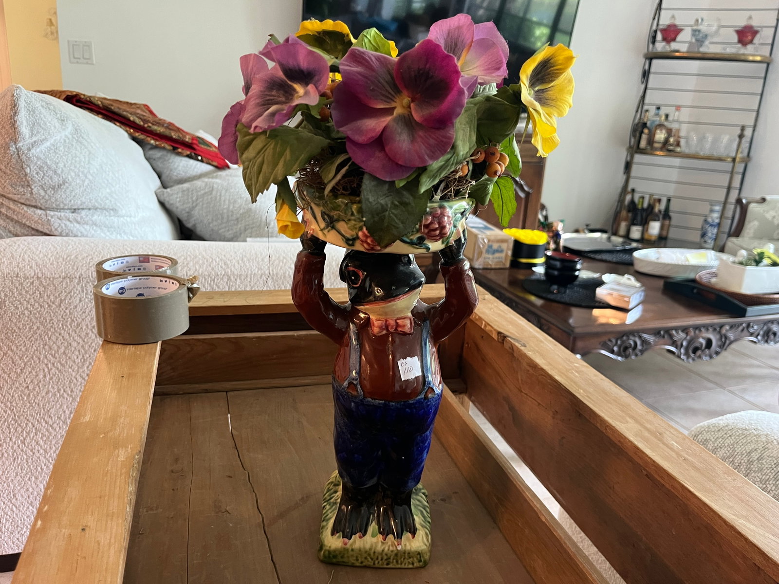 Majolica Frog Figure Holding Floral Bowl Hand-Painted (12"H)