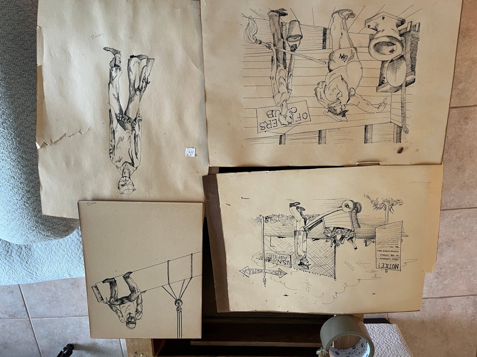 Group of Vintage Naval Ink Drawings, Humorous Illustrations, Signed Lampy? & Vasquez, (1 of 4)