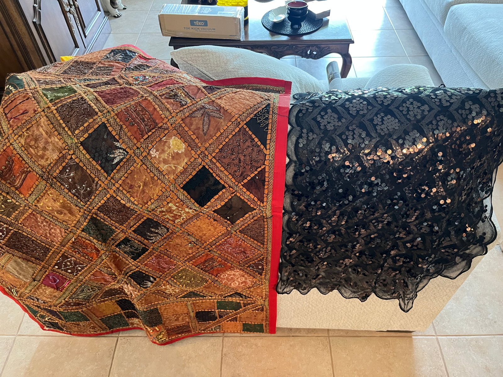 John Rivers Black Sequin Mesh Runner & Embroidered Patchwork Textile Resembling Indian Work, Two (1 of 4)