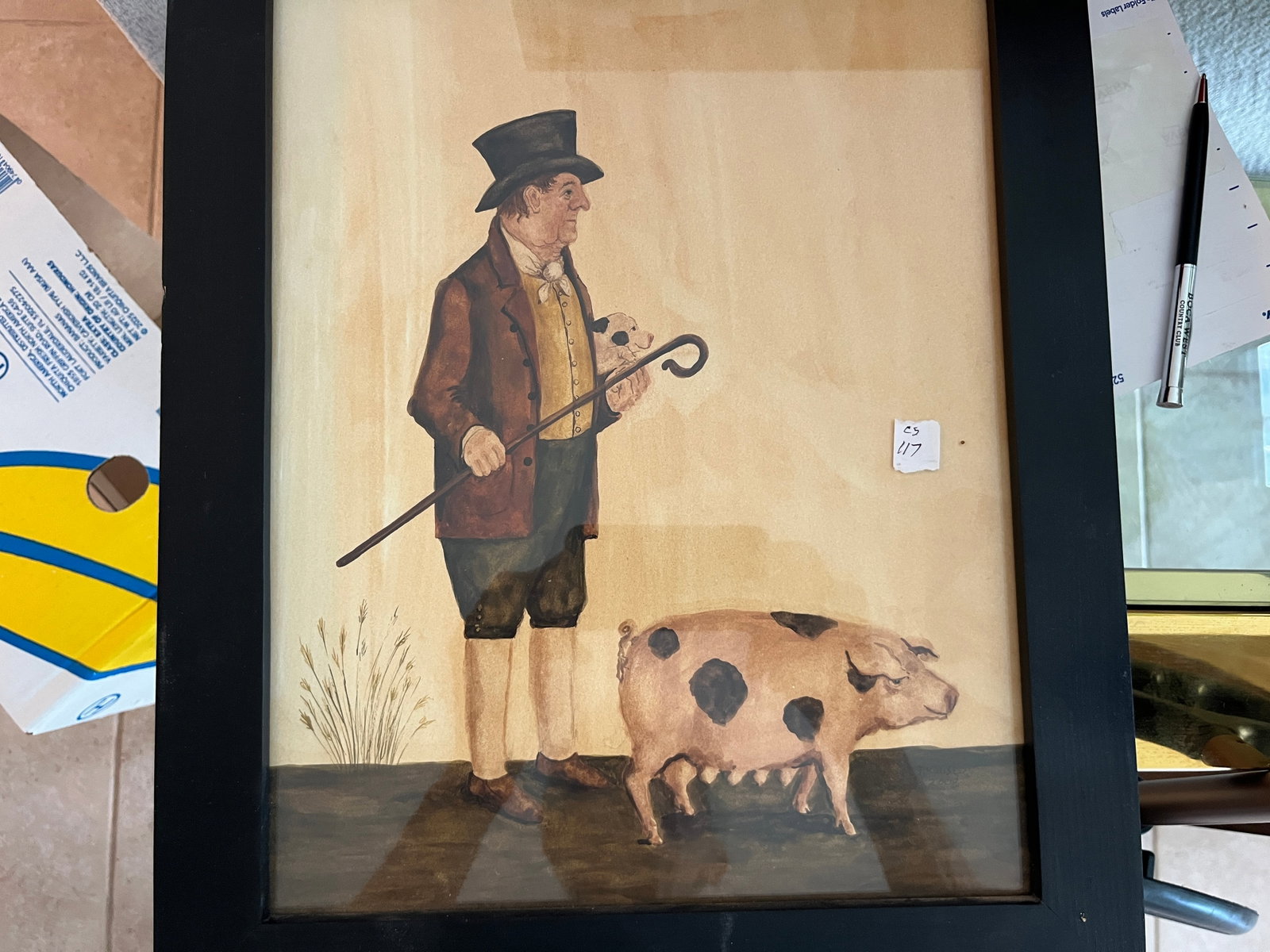 English Country Style Print of Farmer with Pig, Framed, 16.5 x 13.5 in.