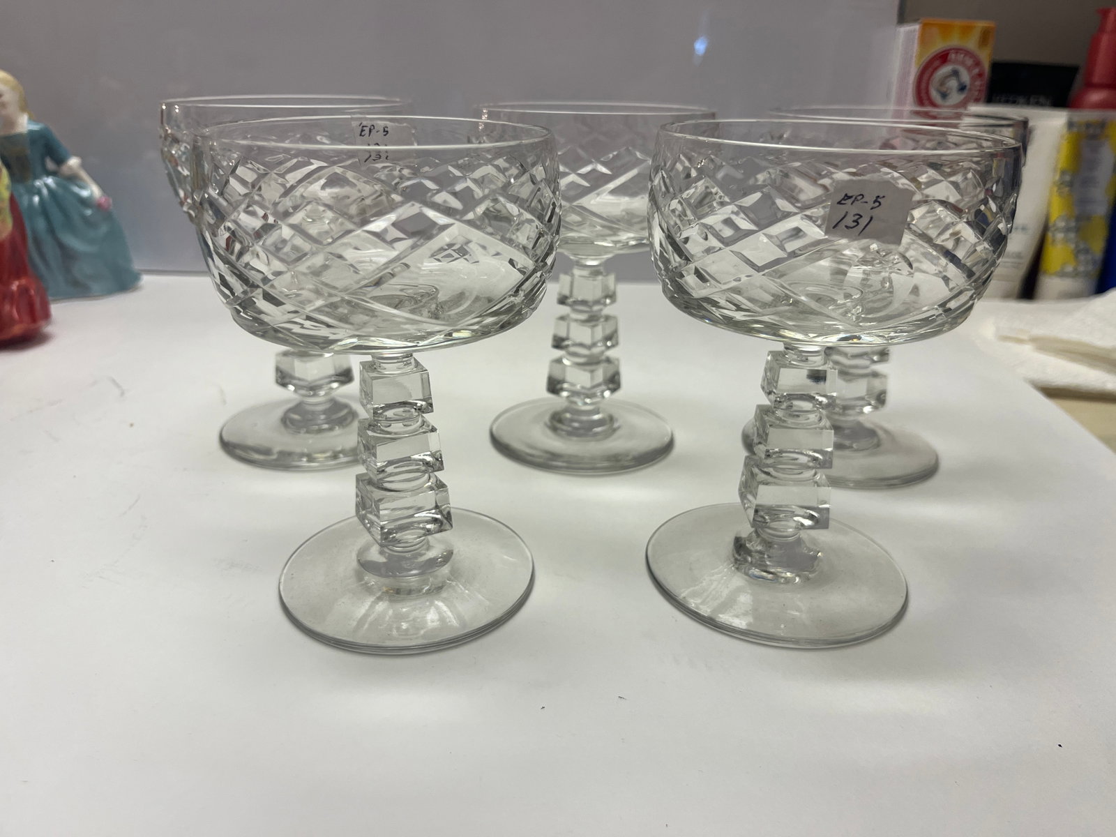 Set of Five Cut Crystal Champagne Coupes with Cube Knop Stems (1 of 3)