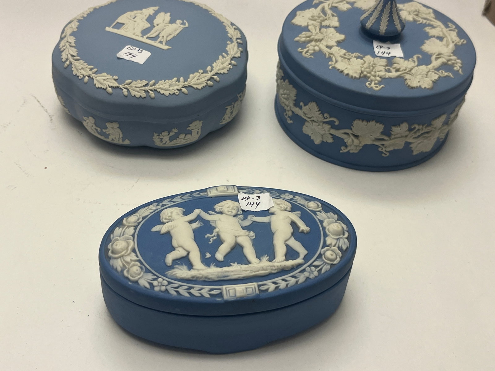 Three Wedgwood Portland Blue Jasperware Covered Trinket Boxes (1 of 3)