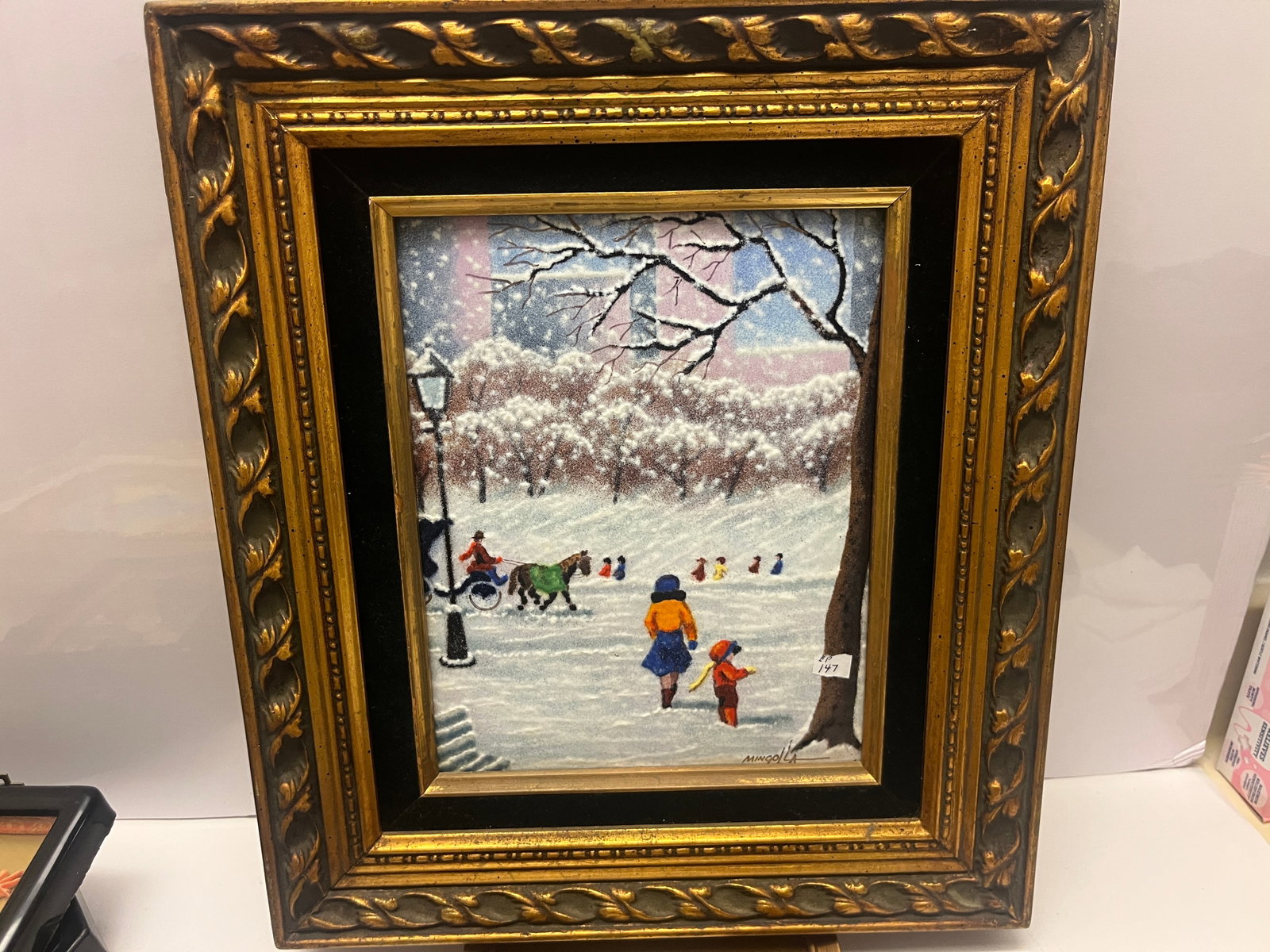 Mingolla Signed Enamel on Copper Winter Landscape, Framed, 15 x 13 In. (1 of 3)
