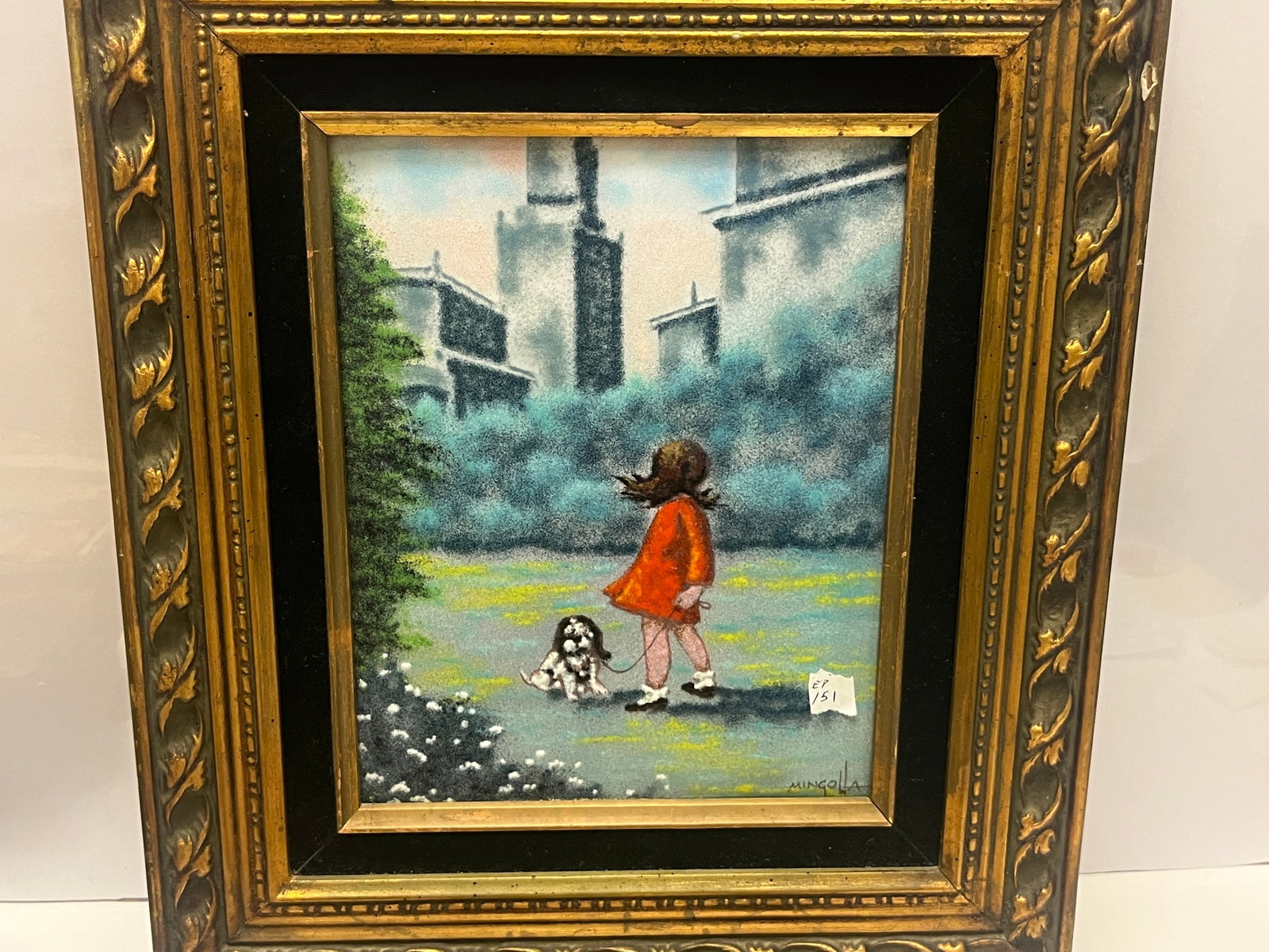 Signed Mingolla Original Impressionist Painting of Girl Walking Dog, Frame, 15.25 x 13.25 in.