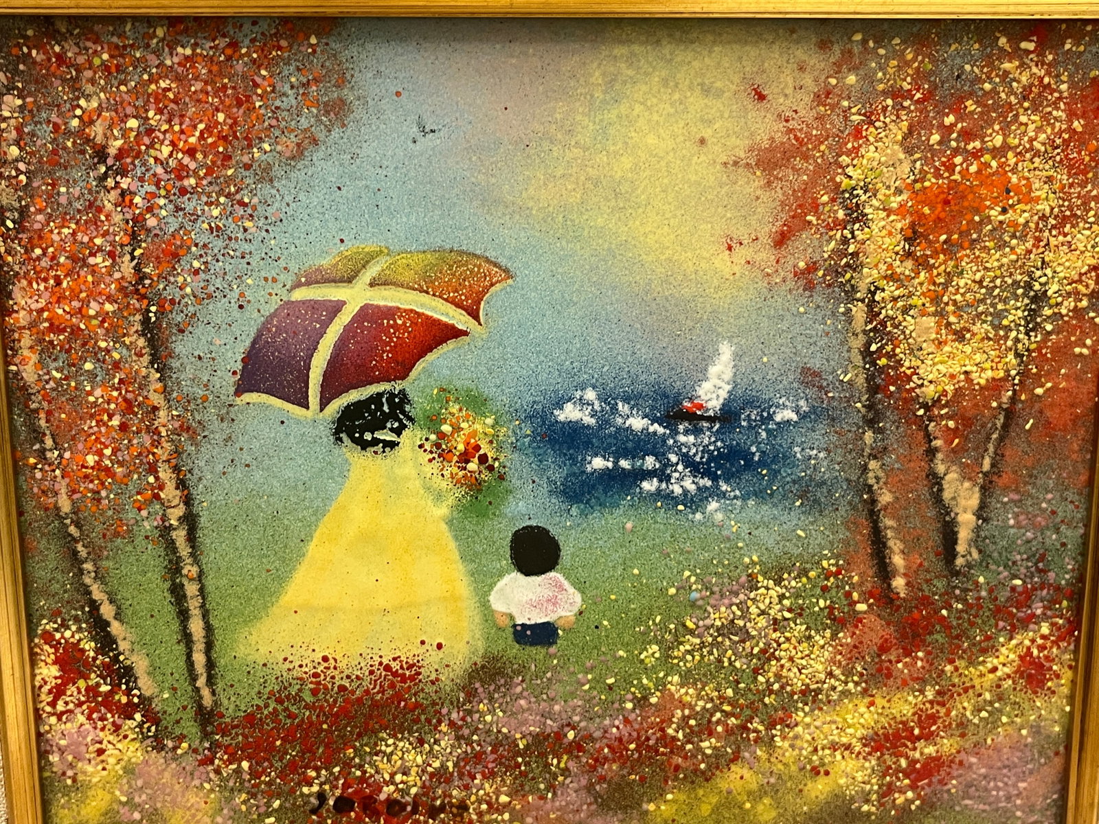 Mid-Century Enamel on Copper Painting of Mother & Child, Frame, 11.75 x 13.75 in.: Original mid-century enamel-on-copper painting depicting a mother holding a colorful umbrella while standing beside a child overlooking a body of water. A steamship appears on the horizon beneath a br