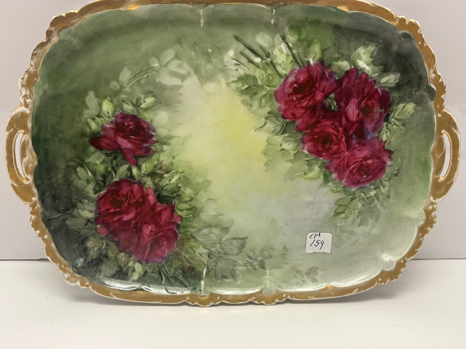 Hand-Painted Porcelain Tray with Roses, Signed Mark, 8x11.5in