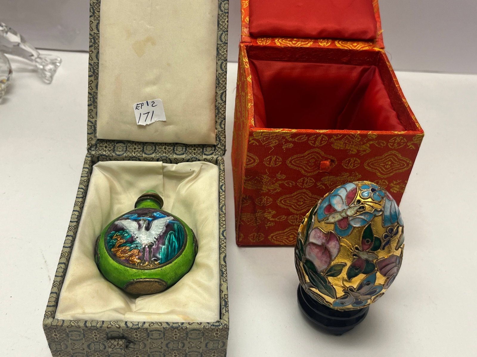 Asian Faux Cloisonne' Snuff Bottle & Egg-Form Trinket Box, 2 Pcs. (1 of 3)