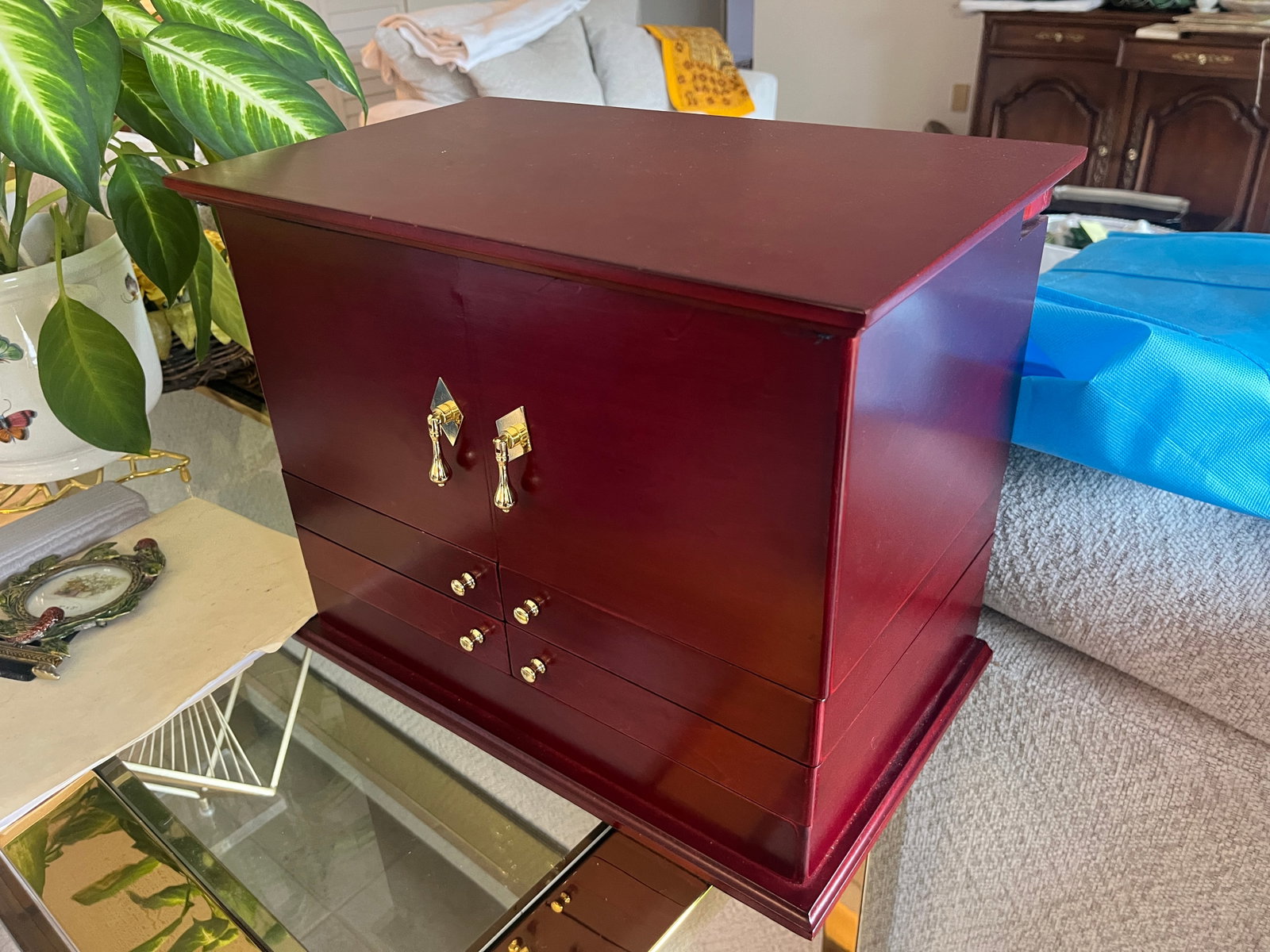 Contemporary Cherry Finish Tabletop Jewelry Armoire with Mirror & Drawers (Jewelry Not Included) (1 of 5)