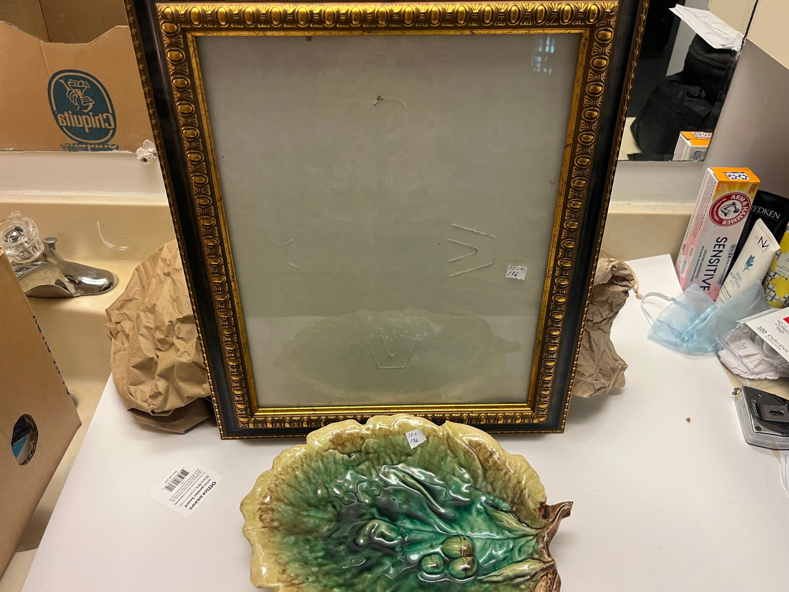 Vintage Majolica Style Leaf Form Centerpiece Bowl & Gilt Picture Frame, 2 Pcs. (1 of 4)