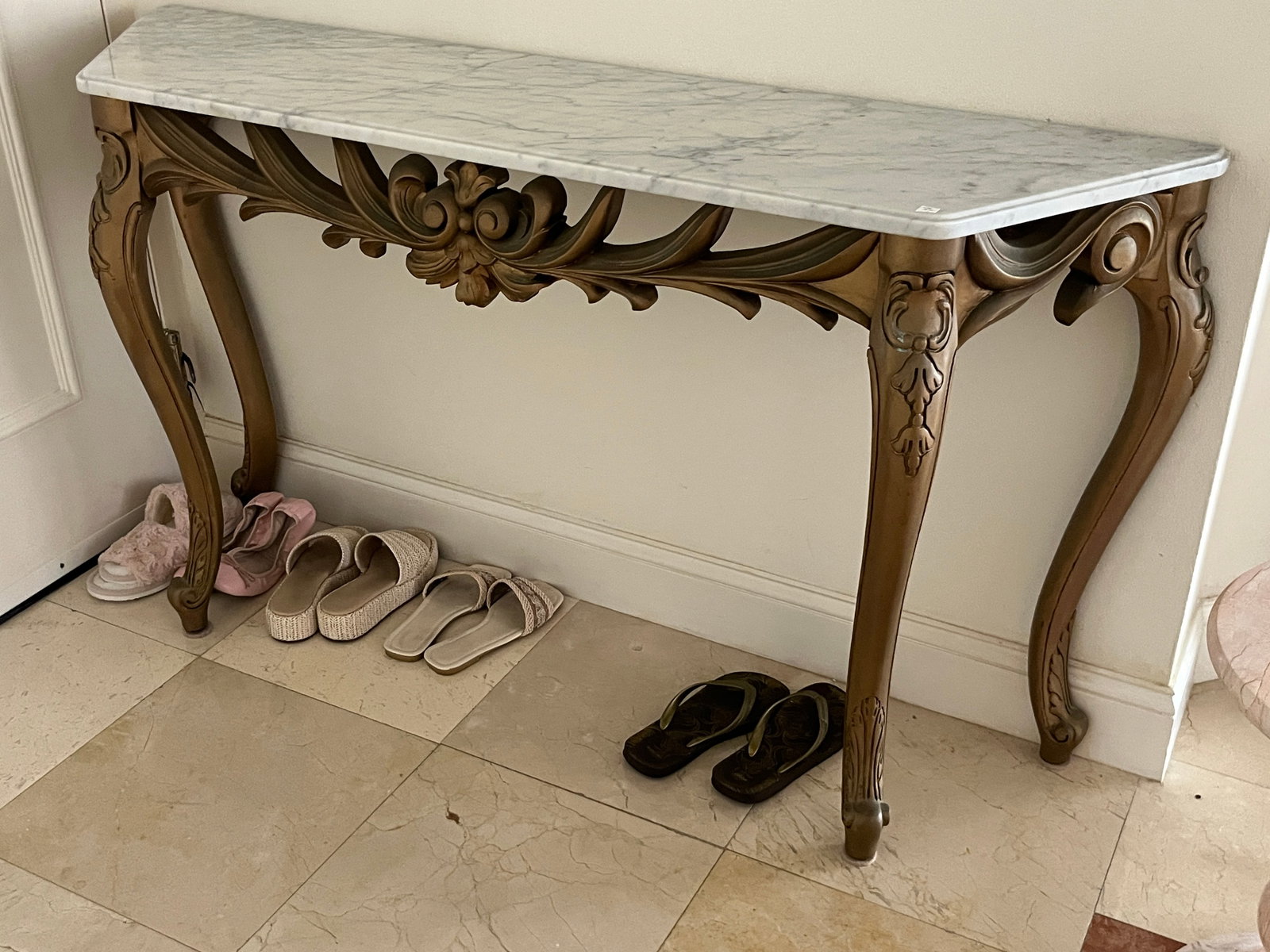 Louis XV Style Giltwood Console Table with Marble Top, 31" H × 55" W × 13.5" D