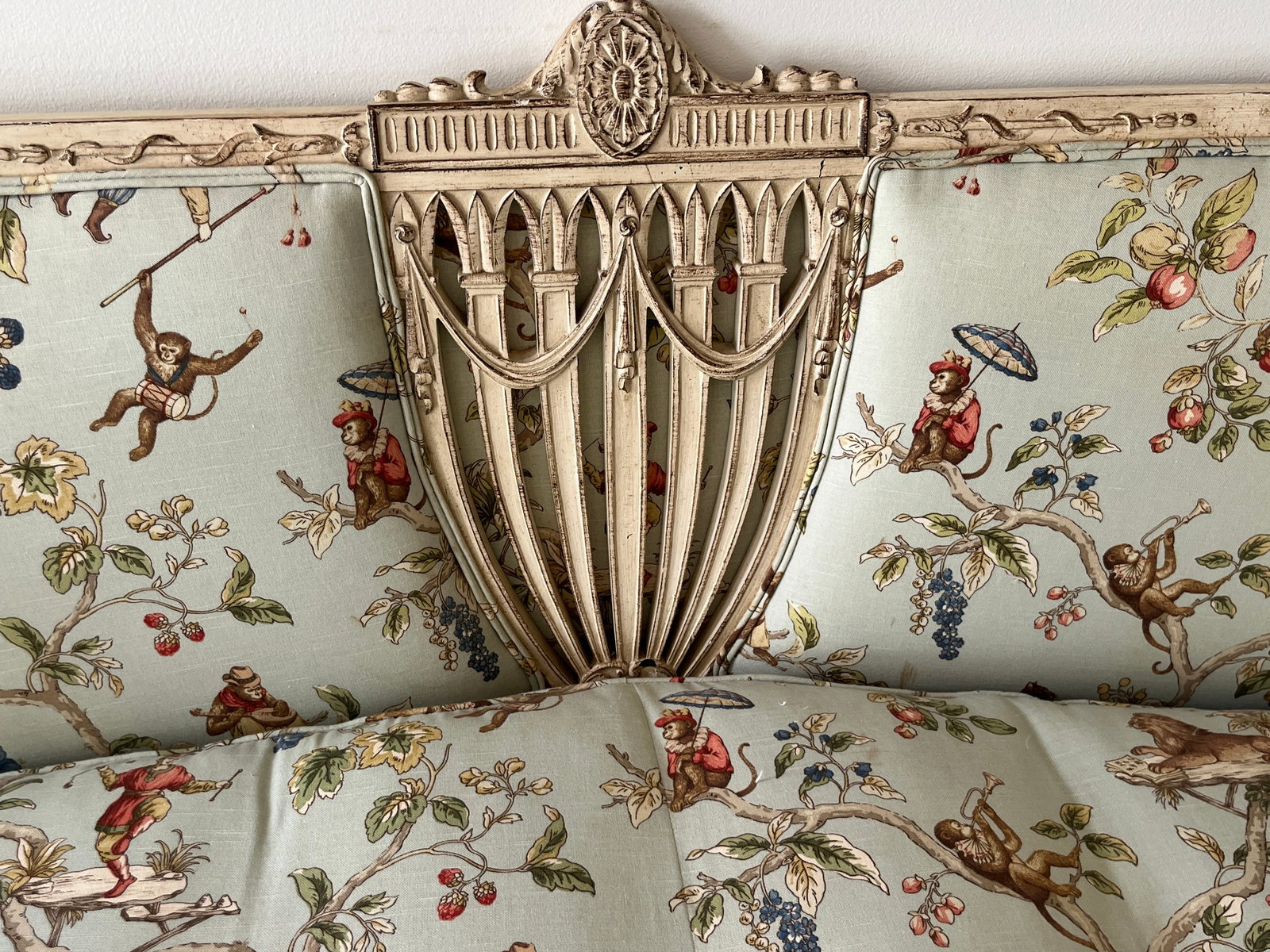 Louis XVI Style Painted Settee with Chinoiserie Animal Upholstery, Provenance: Amy Whittlesey - 2