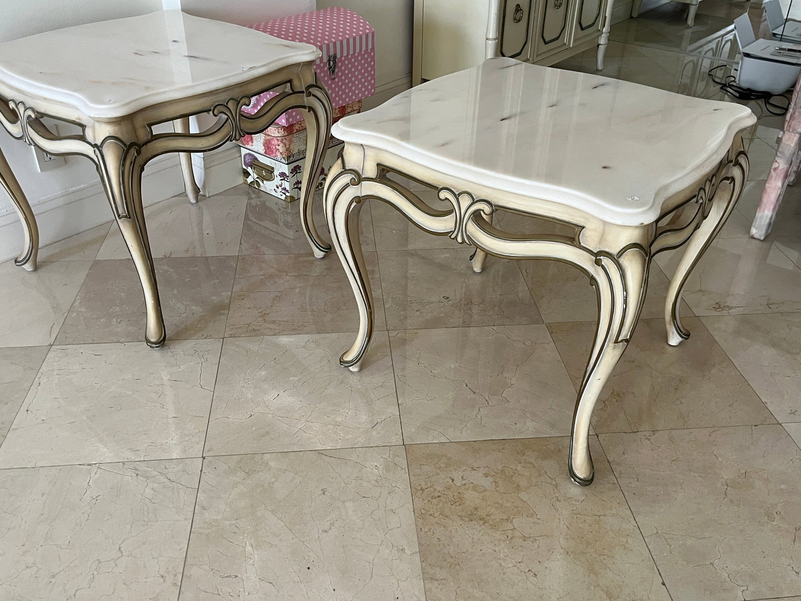 Pair of Louis XV Style Cream Painted Side Tables with Marble Tops, 23" H × 25" Sq (1 of 4)