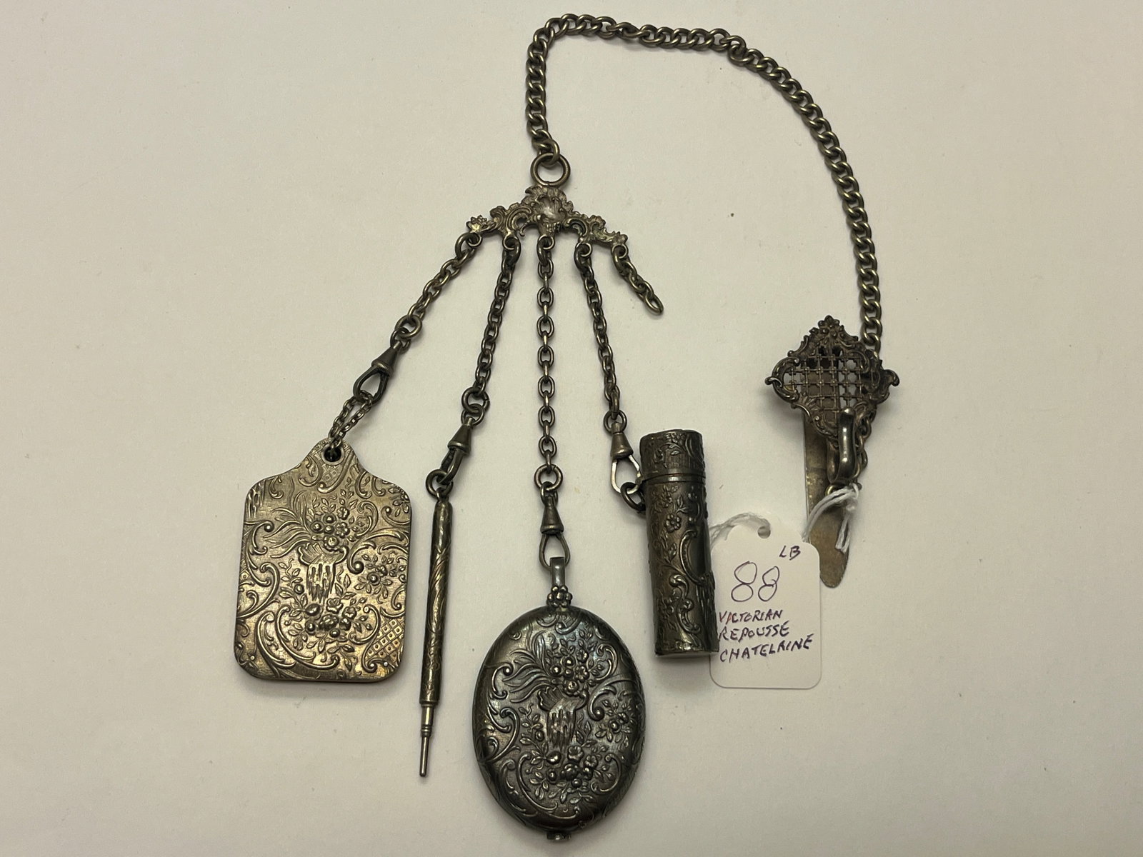 Victorian Repoussé Chatelaine with Mirror, Note Tablet, Pencil & Scent Holder (1 of 3)