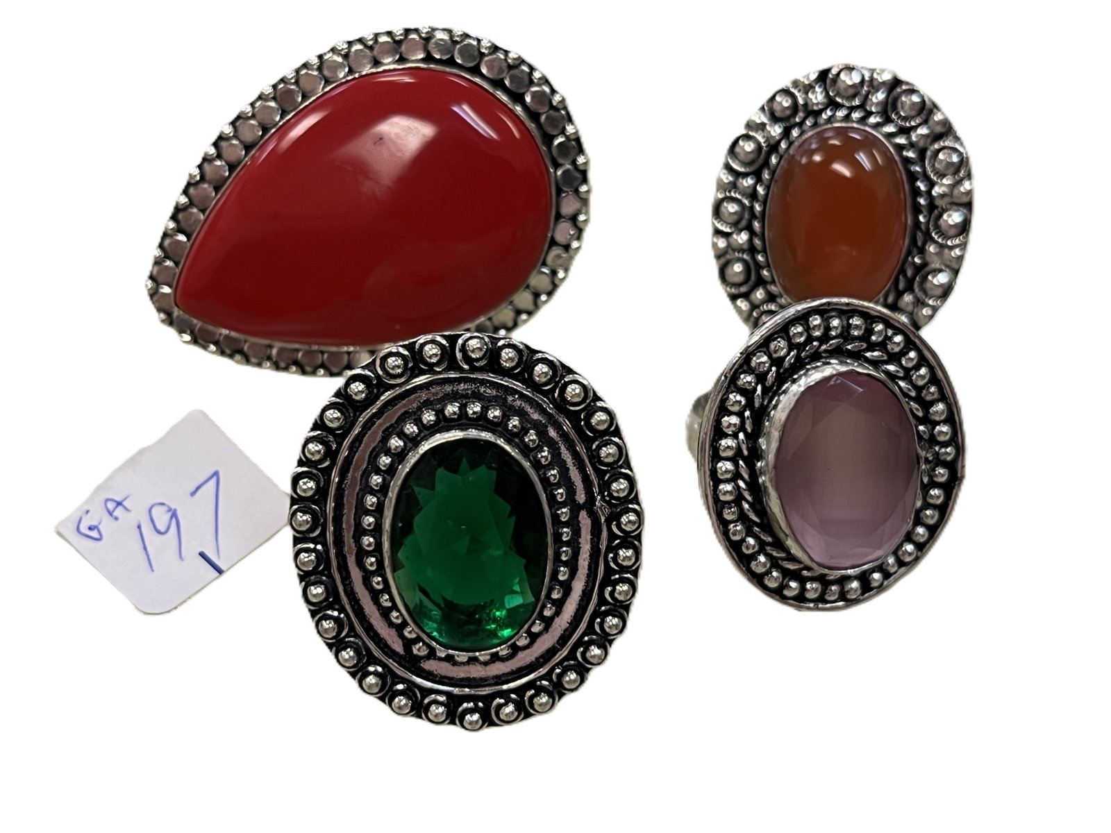 4-German Silver Rings: Red Coral size 6/Gr. Emerald size 7/Pk. Selenite size 7/Red Onyx size 6