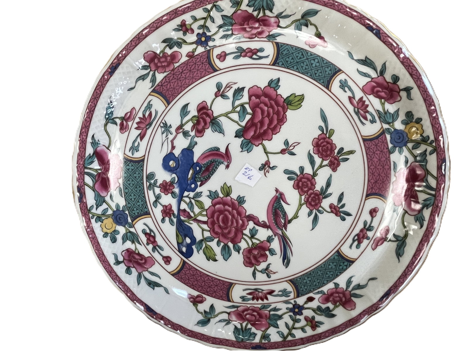 Bernardaud Limoges Chinoiserie Bird & Floral Porcelain Charger, 12 in.: Vintage L. Bernardaud & Co. Limoges porcelain charger/platter, decorated in an elaborate Chinese-inspired or Chinoiserie pattern. The central reserve features two colorful exotic birds among flowering