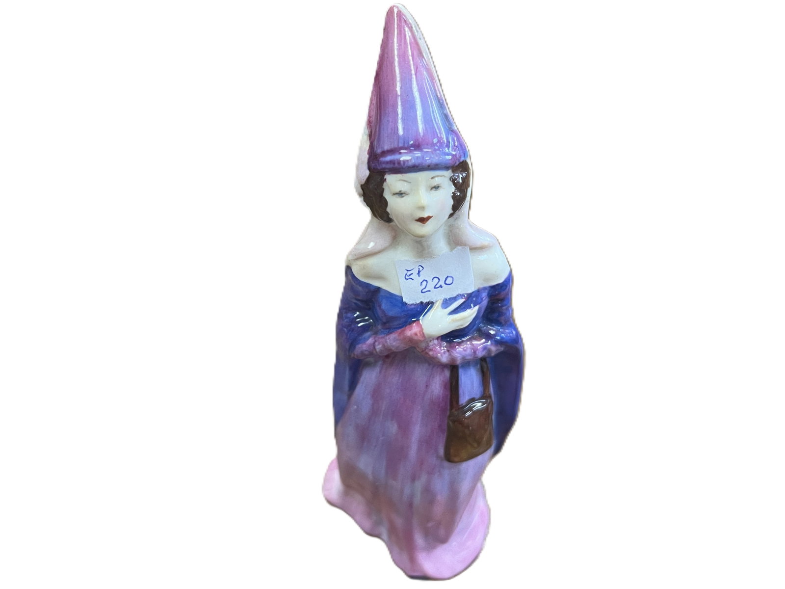 CROWN STAFFORDSHIRE LADY FIGURINE ? 7?IN?H: Hand?painted porcelain lady figurine by Crown Staffordshire, England. Features a woman in a lavender and rose gown with tall conical hat, decorated in soft pastel tones typical of mid?century Stafford