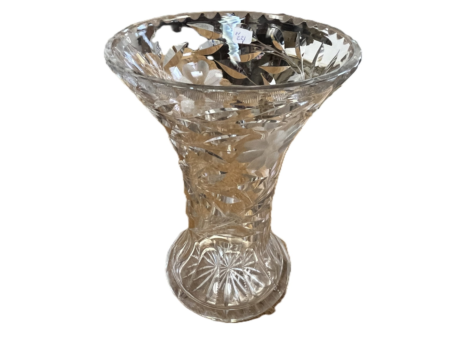 HAND?CUT CRYSTAL VASE ? 10?H ??7?D: Heavy, hand?cut clear crystal vase with deep floral and leaf etching, scalloped rim, and starburst base. Strong clarity and refraction, consistent with mid?century European crystal craftsmanship (like