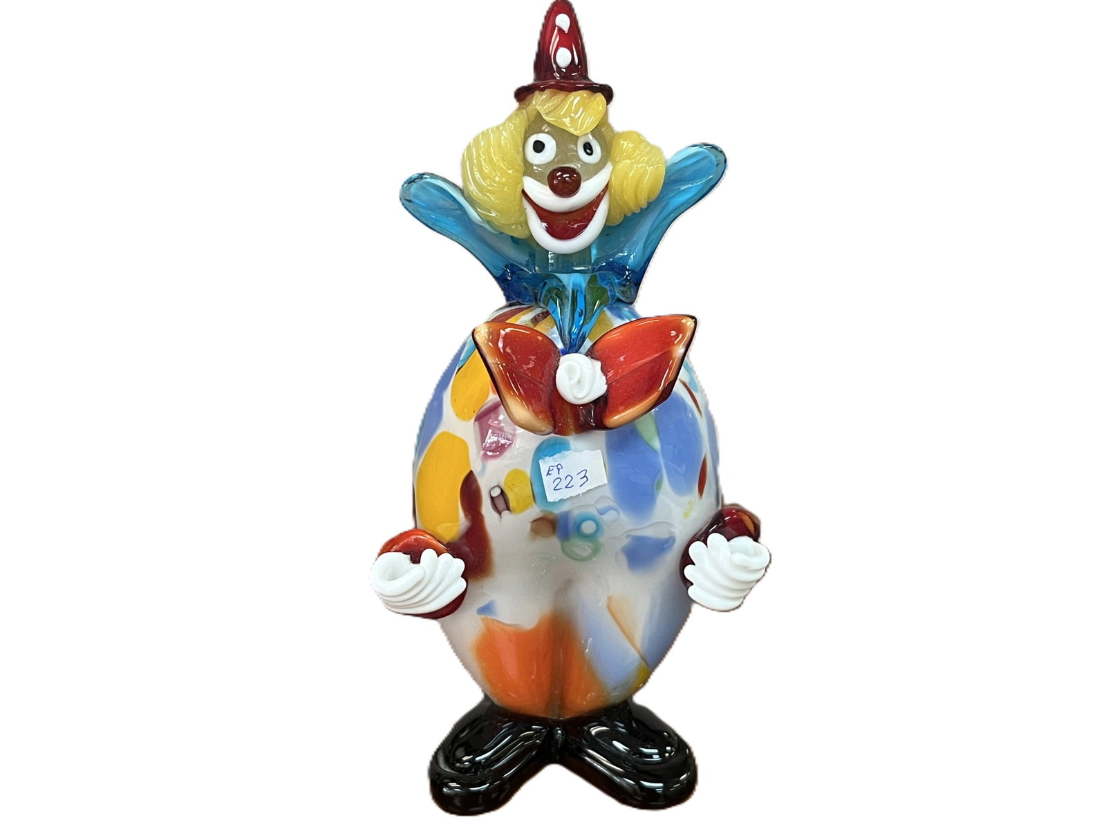 Vintage Murano Style Art Glass Clown Figurine, Colorful Millefiori Body, 9"H: Vintage hand-blown art glass clown figurine measuring approximately 9 inches high. The whimsical figure features a large multicolored body decorated with colorful millefiori-style and applied glass el