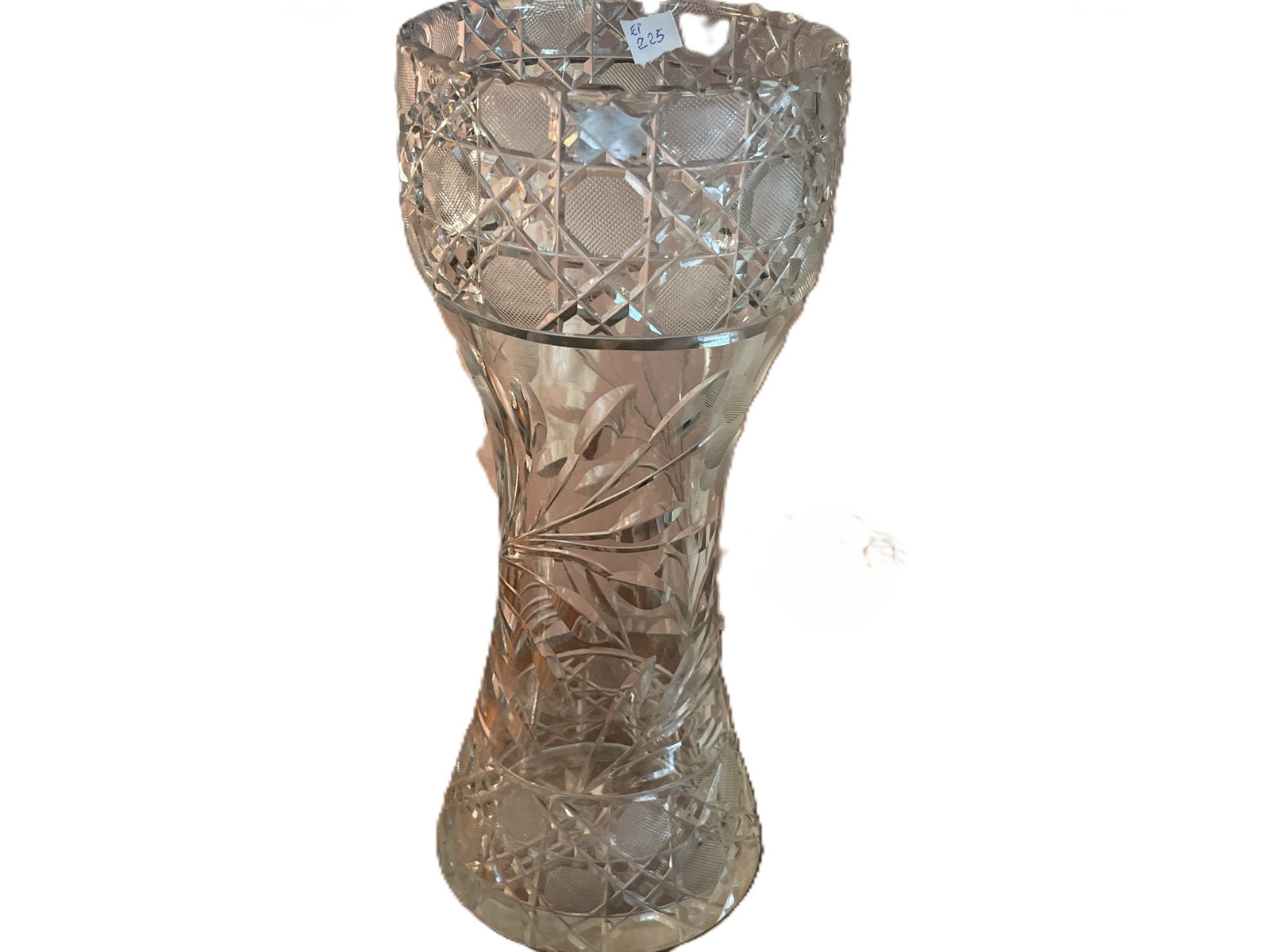 Vintage Hand Cut Crystal Vase, Hobstar & Floral Motif, 12"H: Impressive vintage 12-inch hand-cut crystal vase with a tall waisted form and substantial cut decoration. The upper and lower sections feature deeply cut geometric panels with textured circular motifs