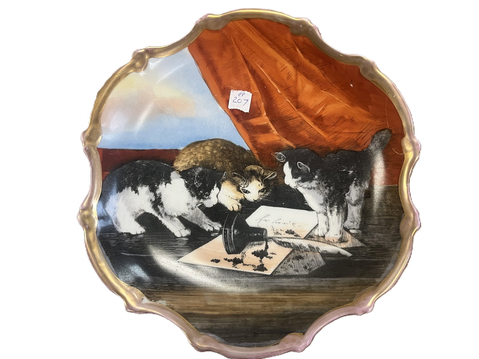 VTG Royal Ironstone China Plate – “Curious Kittens” Scene" 10"dia..: Charming hand decorated porcelain plate featuring three kittens investigating a spilled ink bottle on a writing desk, rendered in rich tones of red, blue, and brown with gilt-rimmed scalloped edge. Th