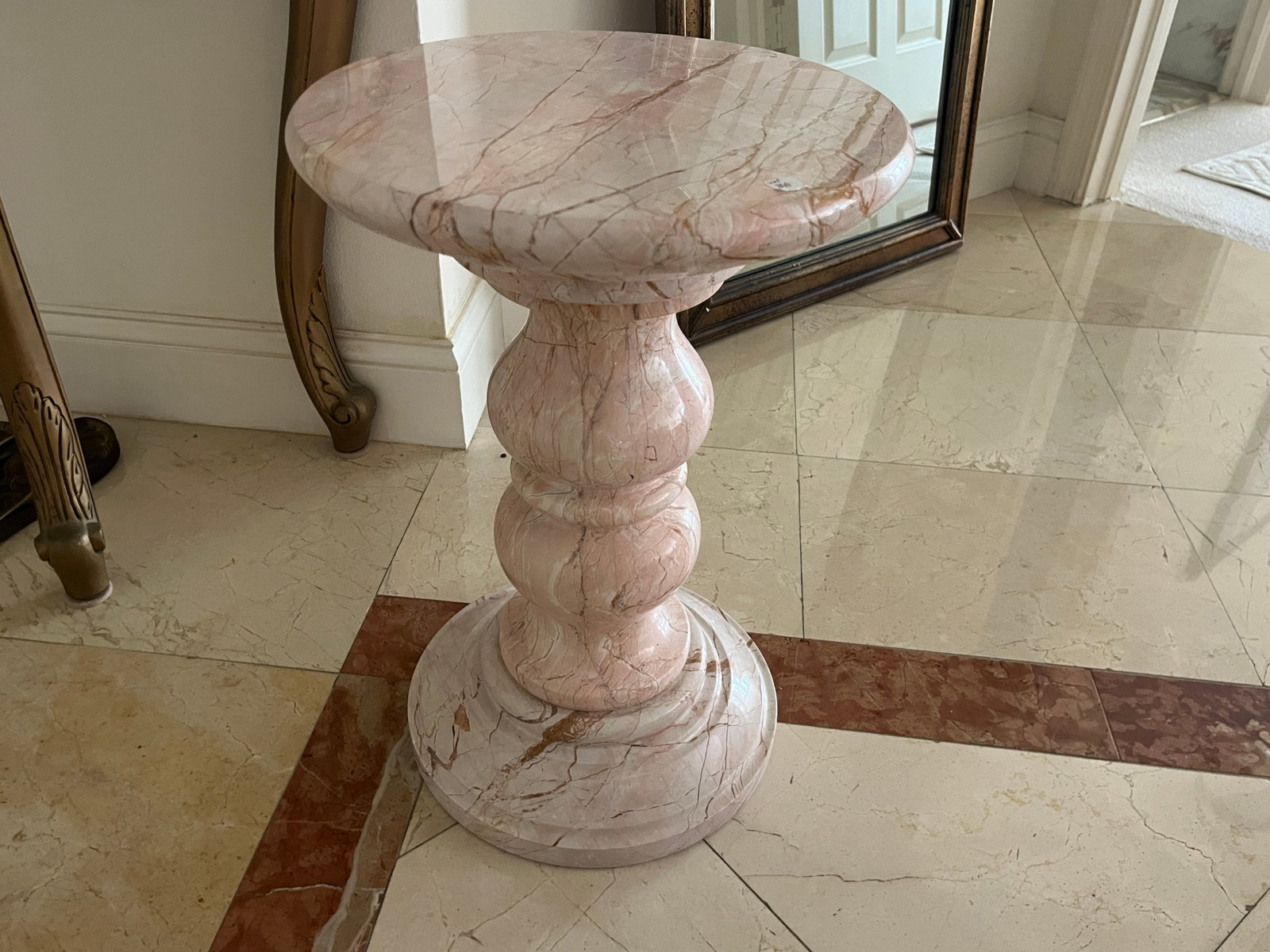 Vintage Pink Rose Marble Pedestal Side Table / Plant Stand, 20"H × 14" Dia. (1 of 4)