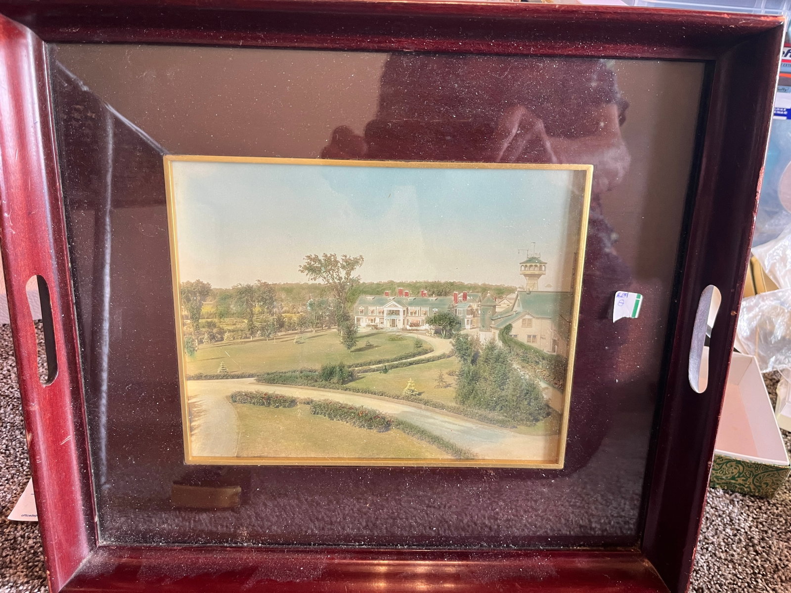 Vintage Estate Photograph in Mahogany-Tone Serving Tray Frame, 14" x 16": Vintage colorized or hand-tinted photographic view of an impressive estate or resort complex, showing landscaped grounds, formal drives, a large central residence and adjoining buildings with a distin