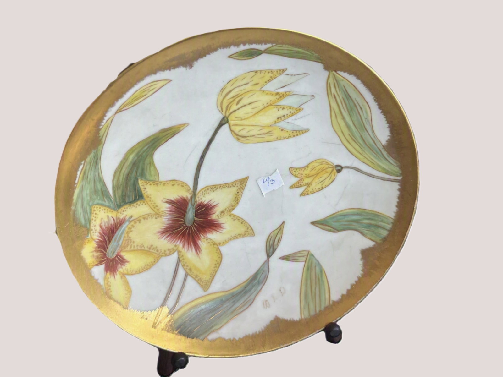 VTG Hand-Painted Porcelain Floral Cabinet Plate w/ Stand, 9.5" Dia.: Vintage porcelain cabinet/display plate measuring approximately 9.5" diameter, decorated with hand-painted yellow flowers and green foliage on a white ground. Finished with a wide gold-gilt border and