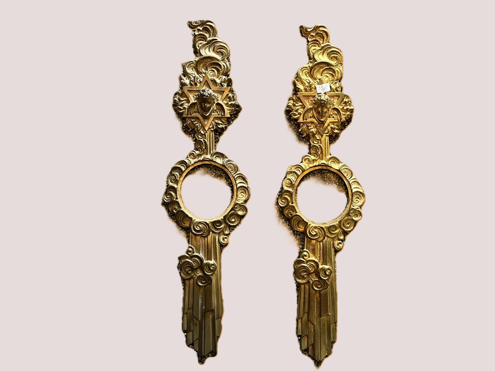 Hard-to-Find Pair Ornate Gilt Door Knob Backplates, Angel & Star of David, 17" x 5" (1 of 4)