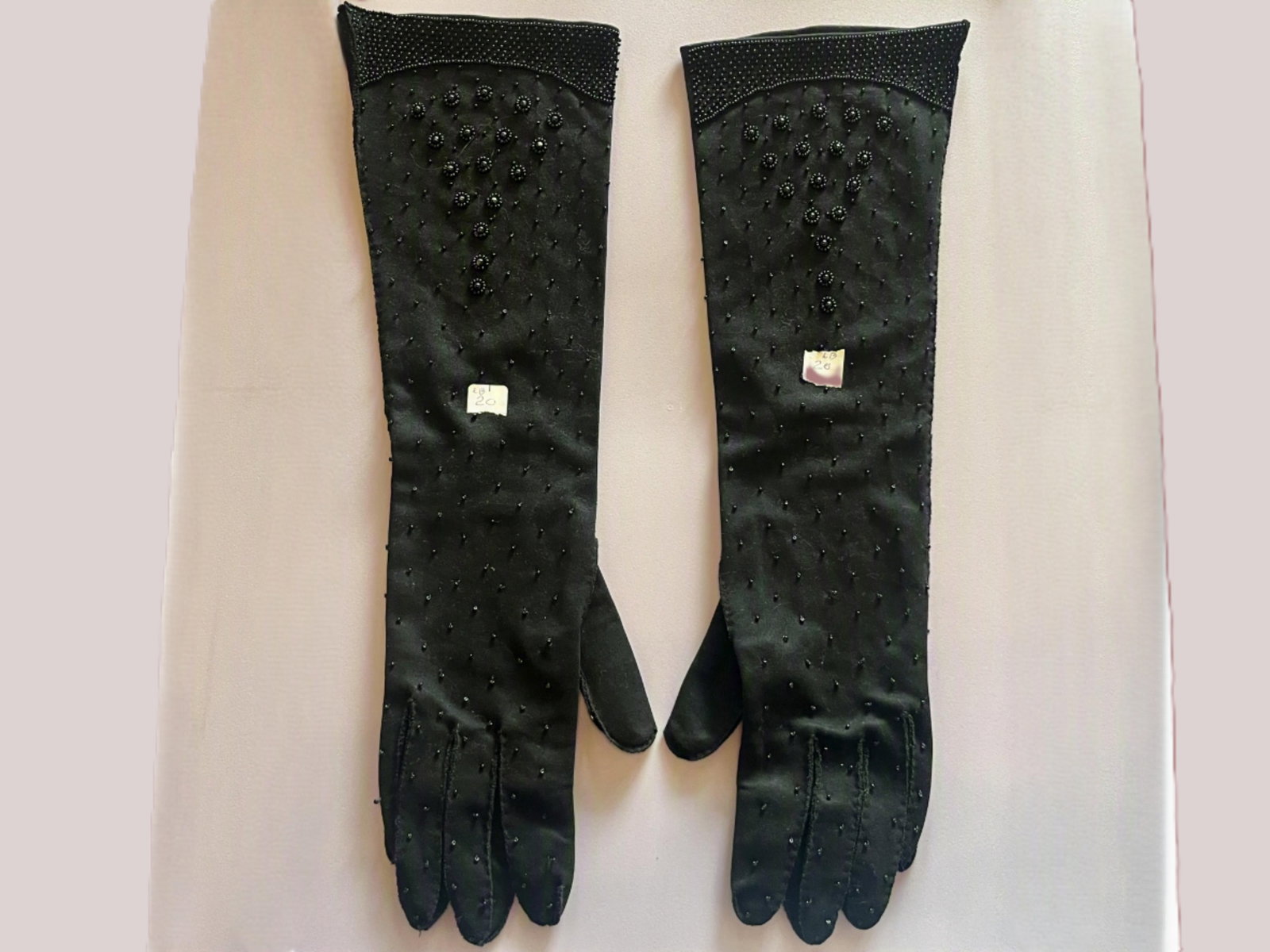 Vintage Black Beaded Opera Evening Gloves, Elbow Length, Floral Beadwork (1 of 4)