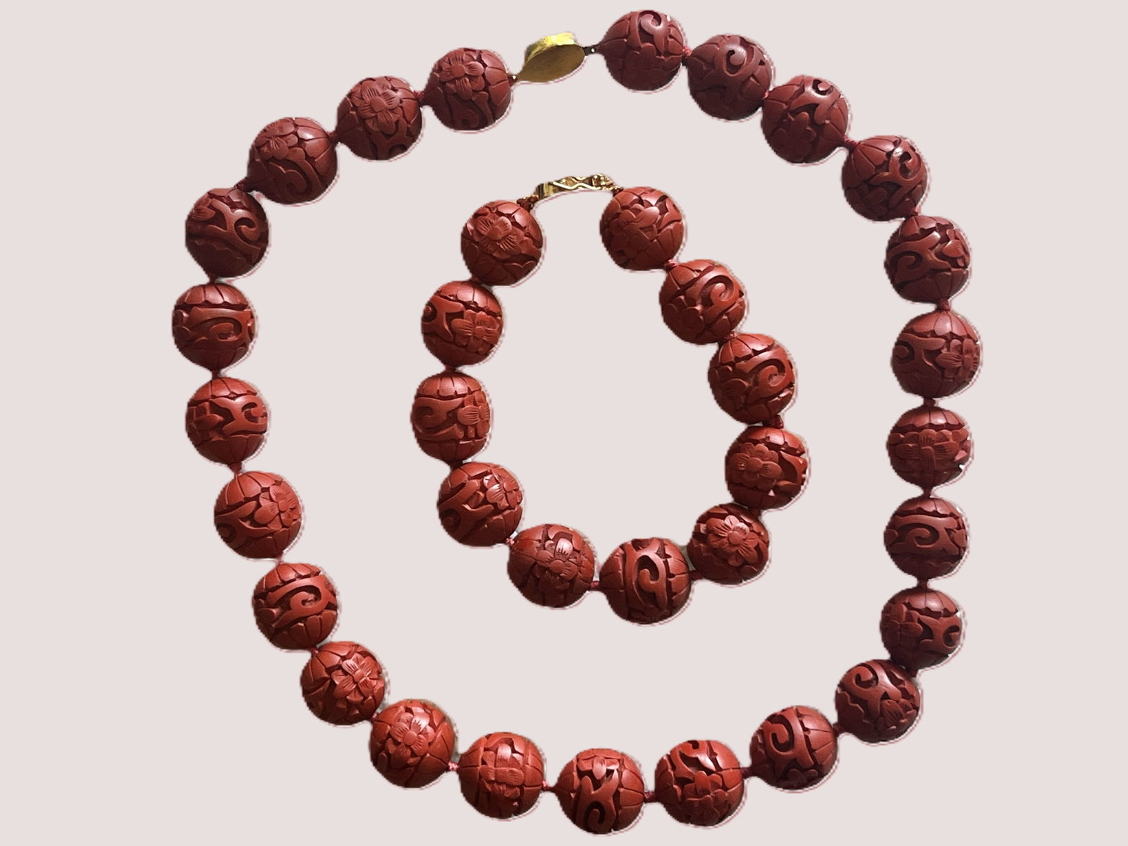 VTG Chinese Carved Cinnabar Floral Bead Necklace & Bracelet Set, 17" & 7.5" (1 of 2)