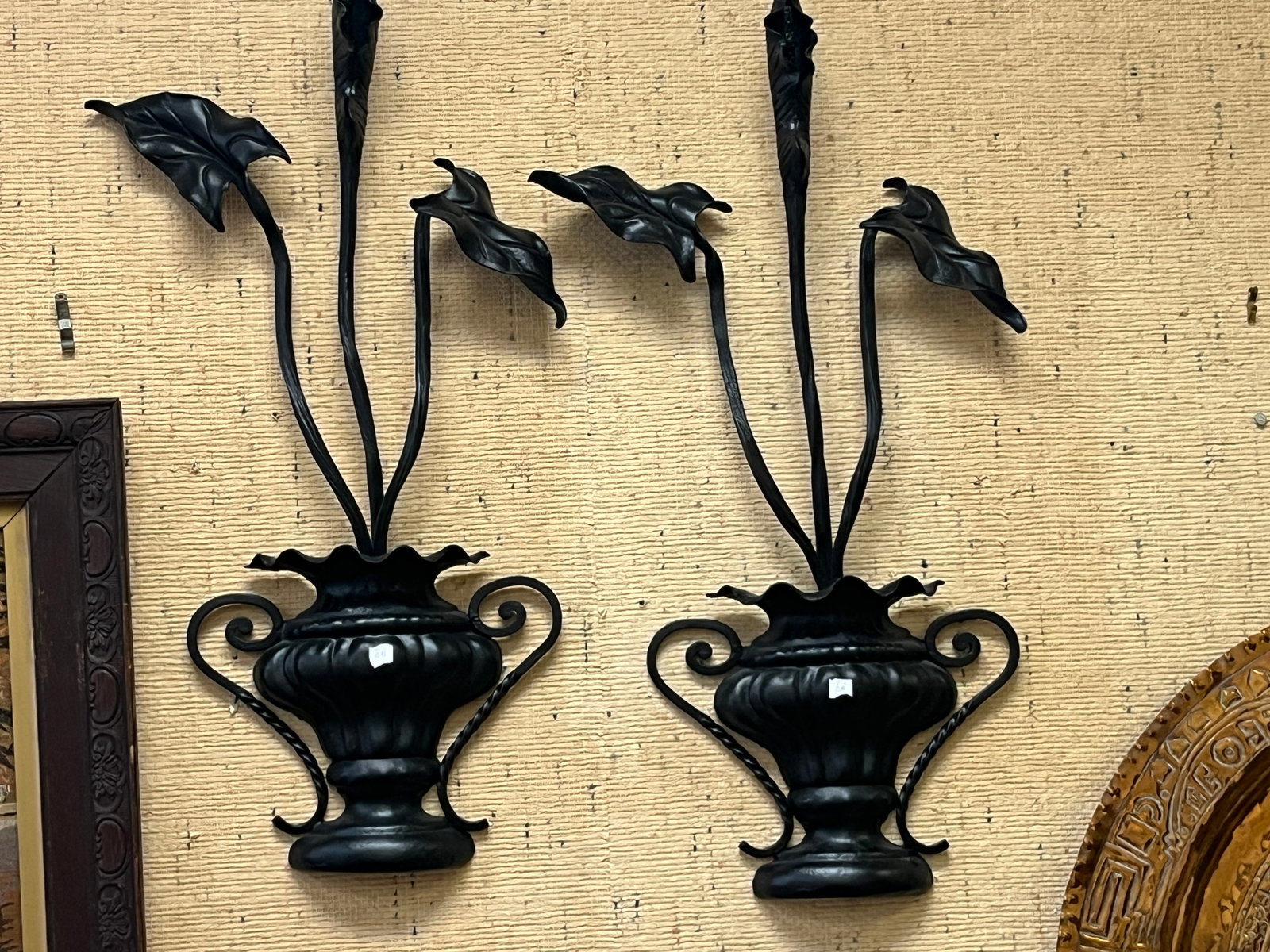 Pair Vintage Black Painted Metal Floral Urn Wall Plaques, 27" x 15" (1 of 3)