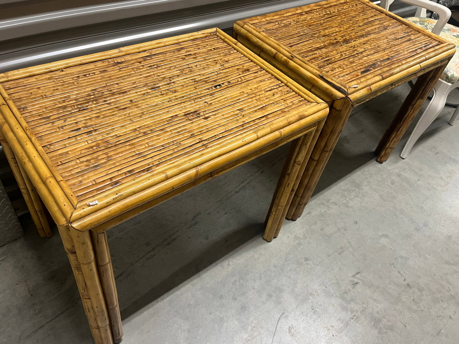 Pair Vintage Bamboo Rattan Tropical End Tables, 28"H ? 23"W ? 20"D (1 of 3)