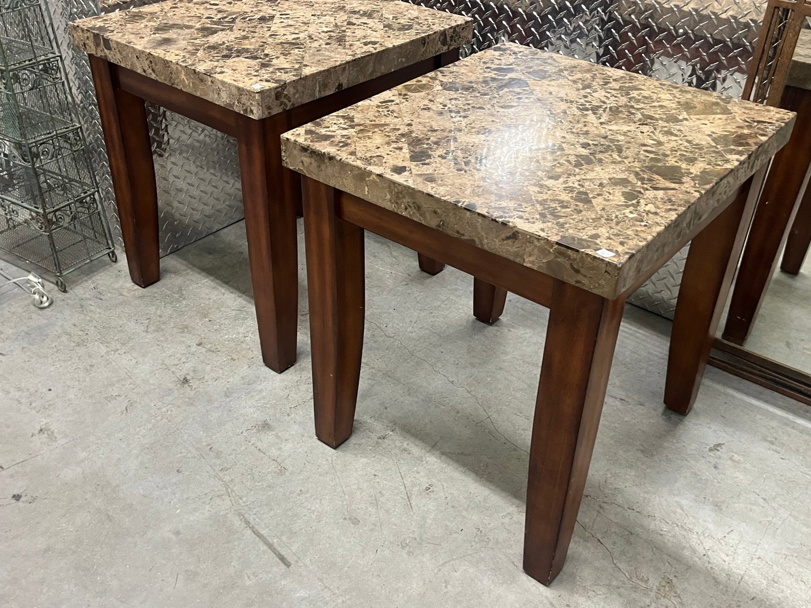 Pair Contemporary Faux Marble-Top Wood End Tables, 24" H x 22" W x 24" D: Pair of contemporary end/side tables featuring decorative faux marble tops with a rich brecciated-style pattern in brown, tan, cream and beige tones. Substantial square tops are supported by warm brow