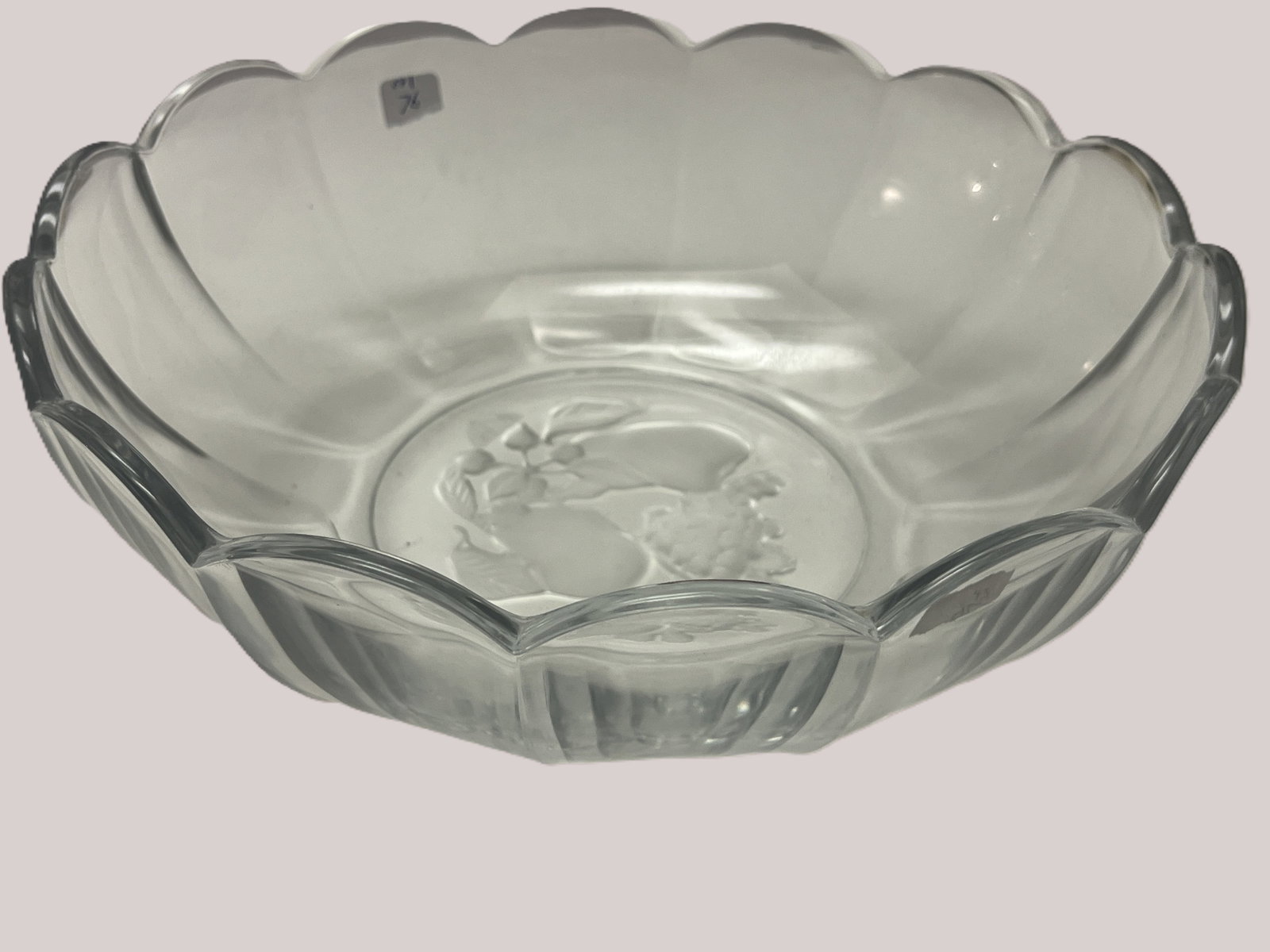 Val St. Lambert Brussels Crystal Intaglio Fruit Bowl, Etched Mark, 3.5"H x 9.75" Dia.: Vintage Val Saint Lambert Belgian crystal serving bowl in the Brussels pattern, featuring broad paneled sides terminating in a graceful scalloped rim. The center is decorated with a frosted intaglio f