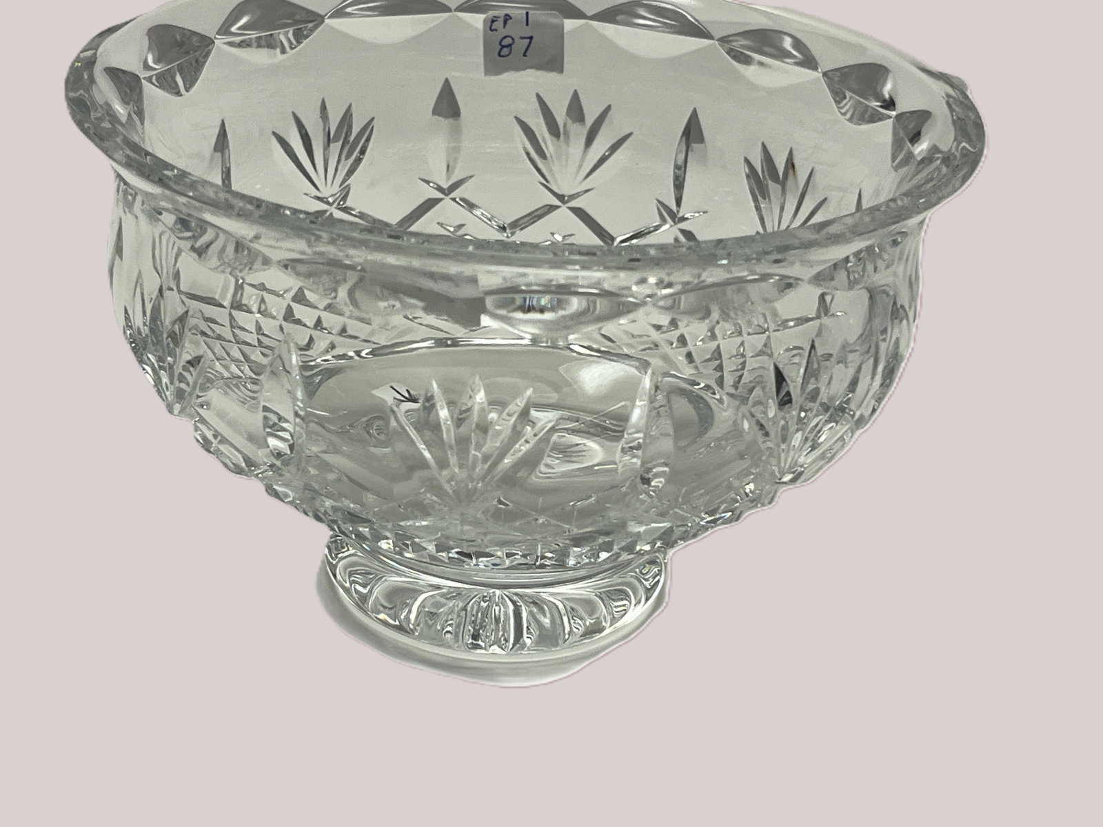 Waterford Killarney Pineapple Cut Crystal Footed Bowl, 4"H x 6.25"Dia: Waterford Crystal footed bowl in the Killarney pattern, featuring the pattern's elaborate cut decoration with intersecting diamond cuts, elongated vertical cuts and decorative fan-style cutting. The b