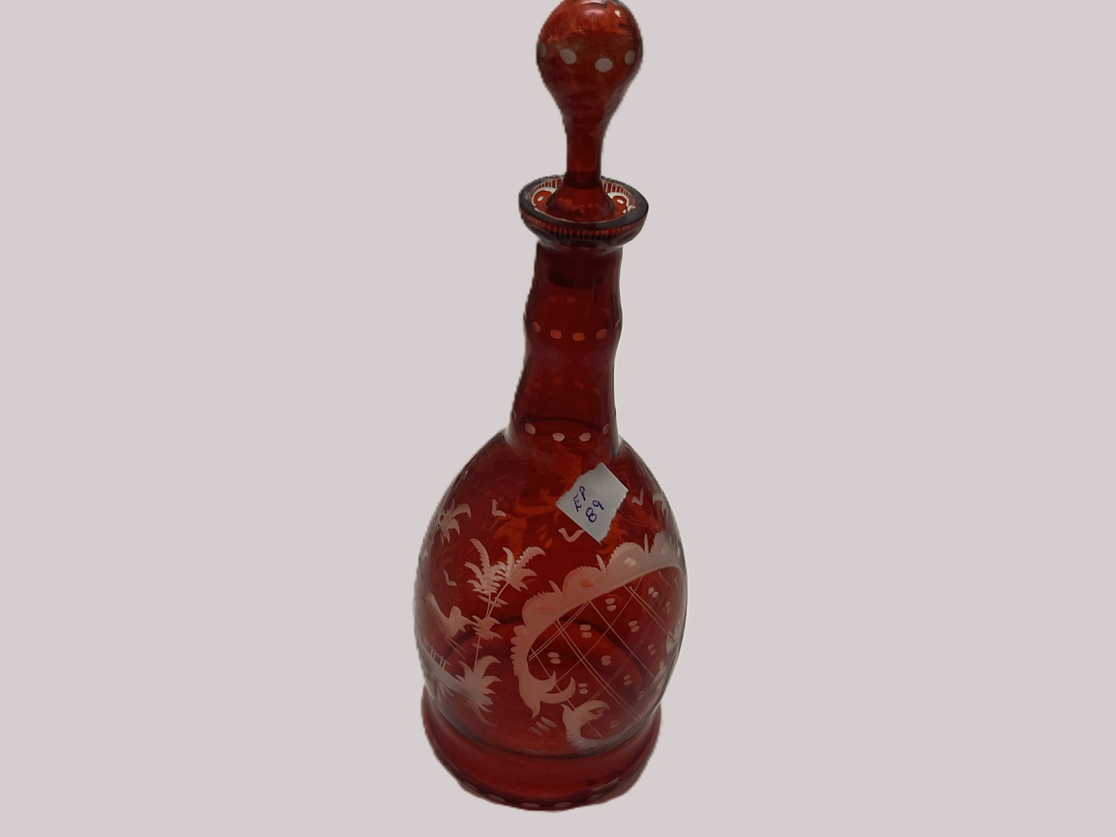 Vintage Bohemian Style Ruby Red Engraved Glass Decanter w/ Stopper, 9"H (1 of 4)