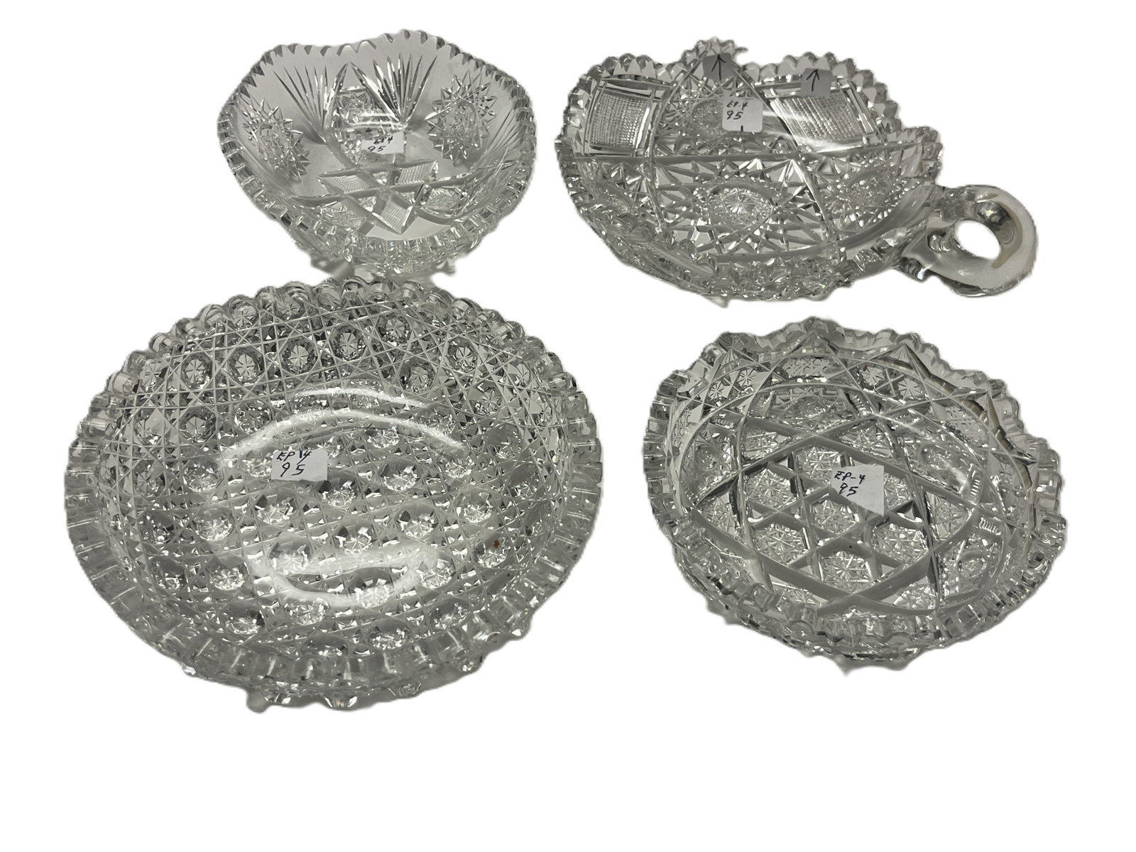 4-Pc. Vintage Brilliant-Style Cut Crystal Bowl & Nappy Dish Group ? Handled Dish 6" Dia. (1 of 9)