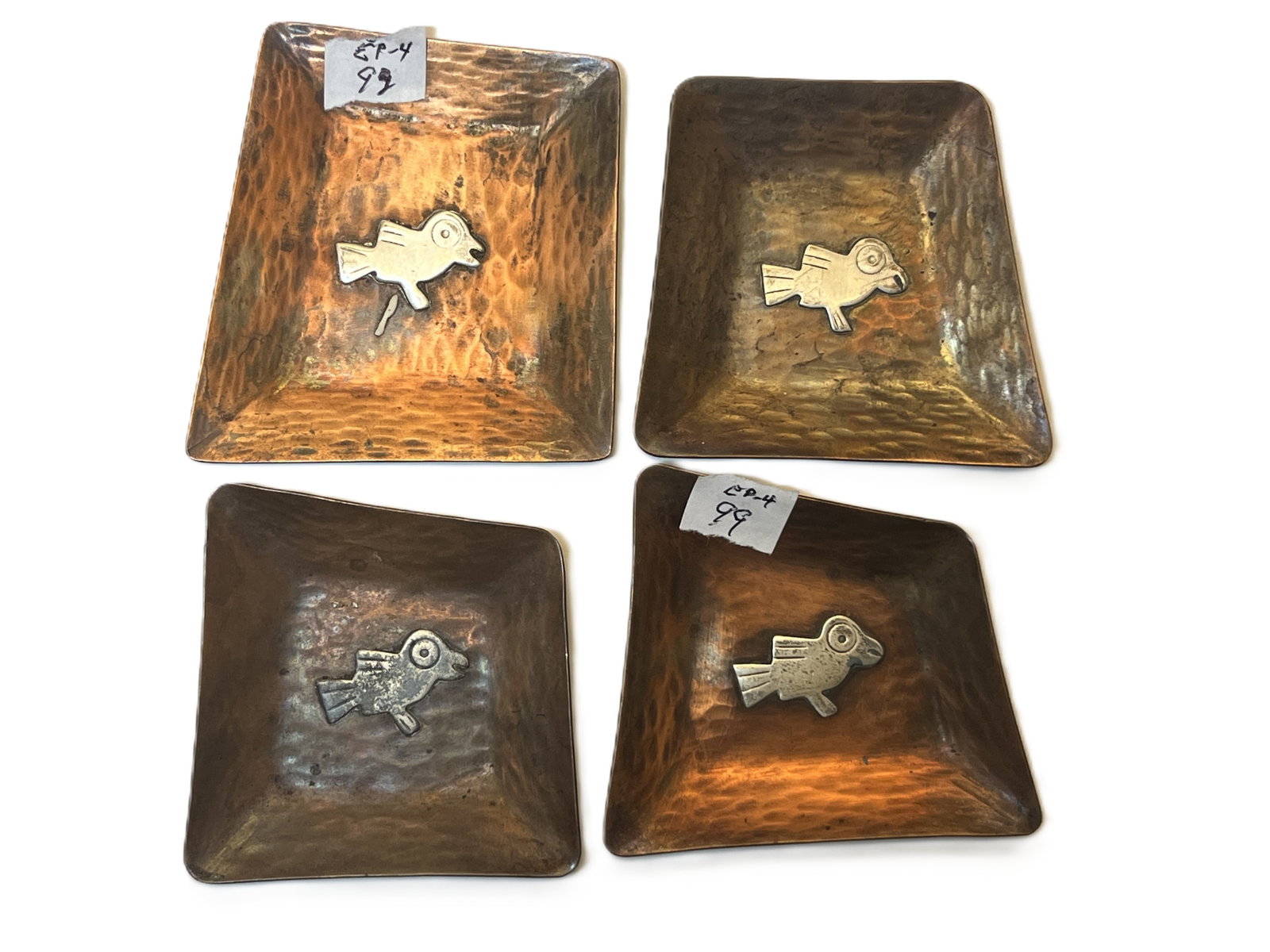 Set of 4 Vicky Peru .925 Sterling Silver & Hammered Copper Fish Dishes, Largest 3" x 3" (1 of 2)
