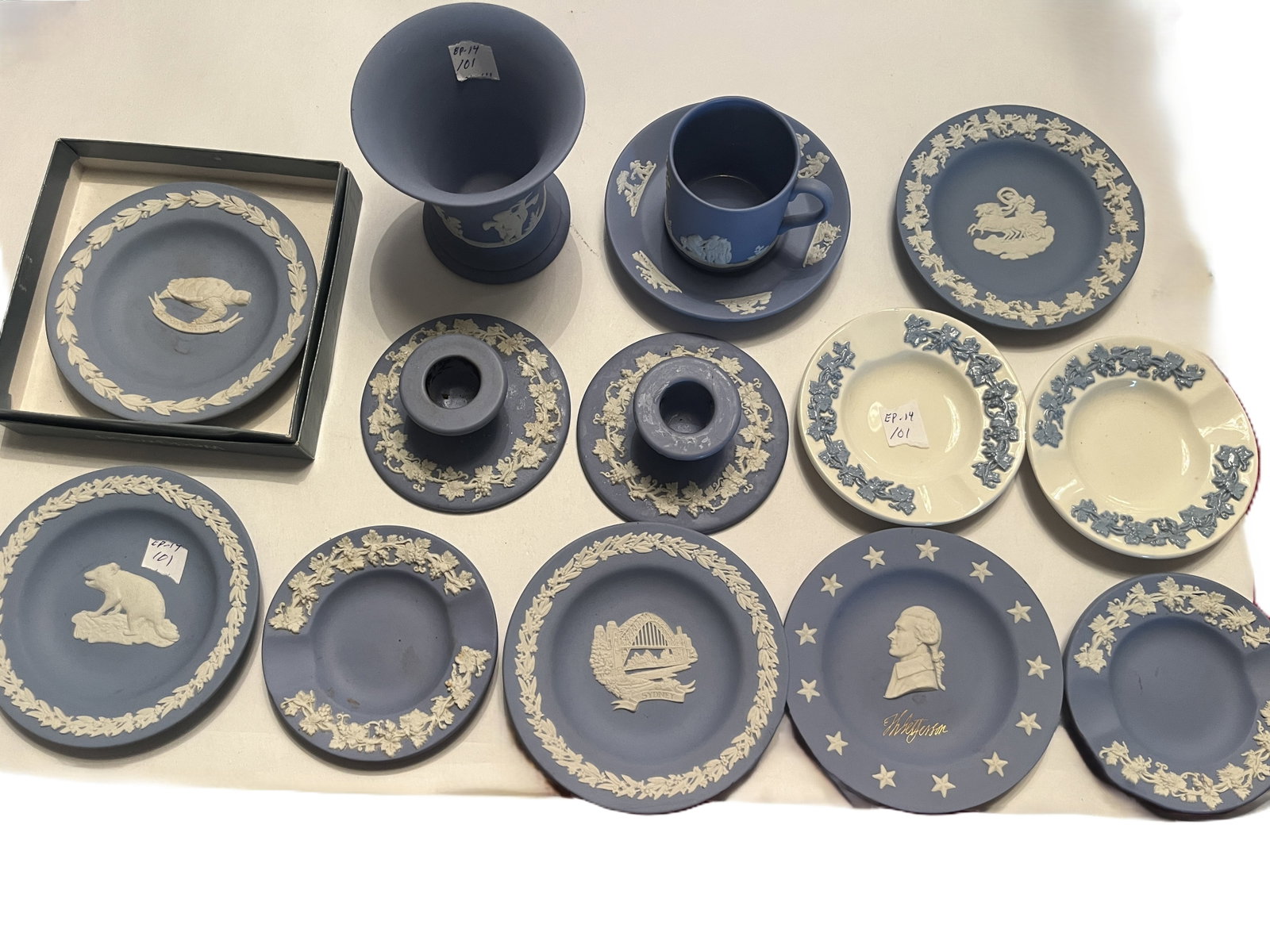 Vintage Wedgwood Blue Jasperware Collection ? George Washington, Sydney, Polar Bear, Cup,: Collection of genuine marked Wedgwood Jasperware, primarily in the classic blue body with applied white relief decoration. Sold together as one lot. Assortment includes a George Washington portrait pl